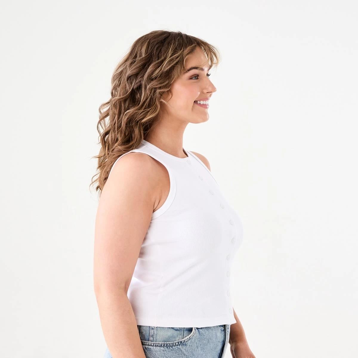 2 Sleeveless Rib Button Tank WHITE, 2 of 5
