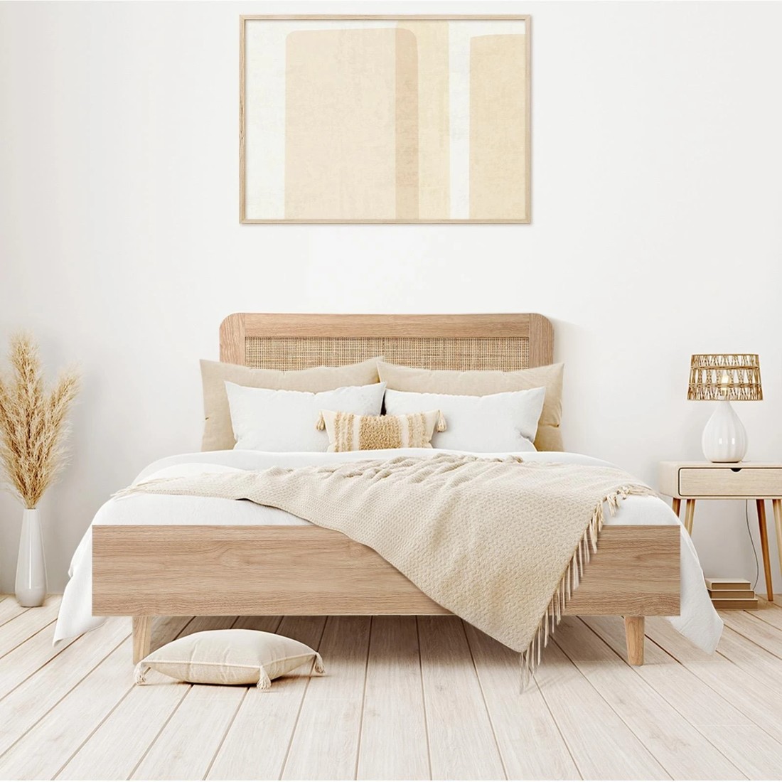 7 Oikiture Single Bed Wooden Bed Frame With Rattan Headboard
 - Natural, 7 of 10