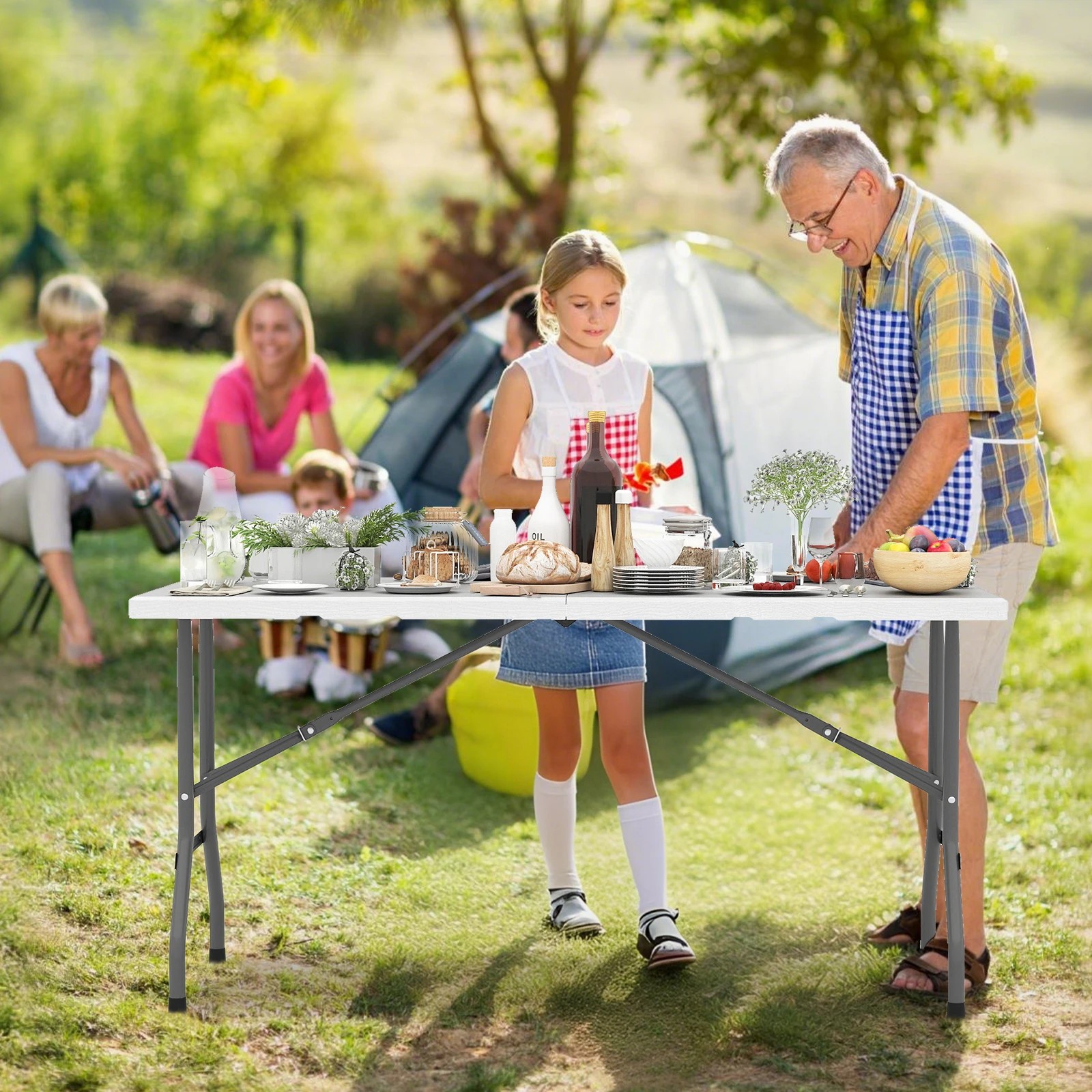 3 Costway Folding Picnic Table 152CM Kitchen Dining w/Handle Camping Table - White, 3 of 4