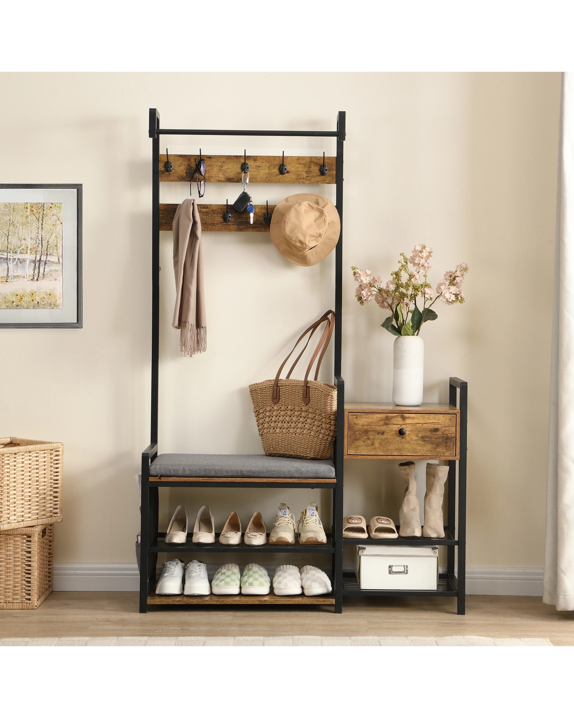 3 IHOMDEC 6-in-1 Coat Rack Shoe Bench - Brown, 3 of 5