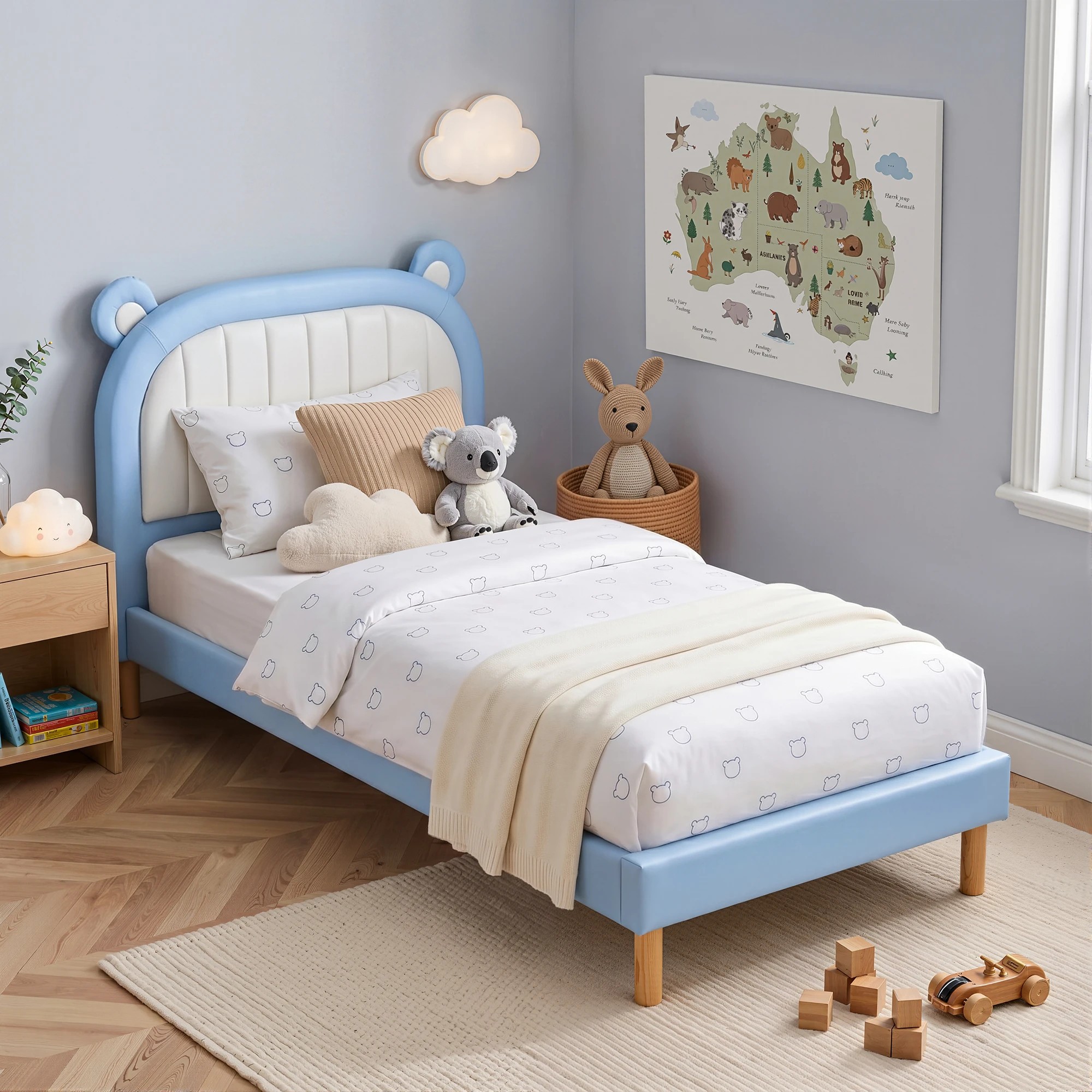 8 Artiss Kids King Single Bed Frame Upholstered Bear Headboard Boys Bed - Multi, 8 of 8