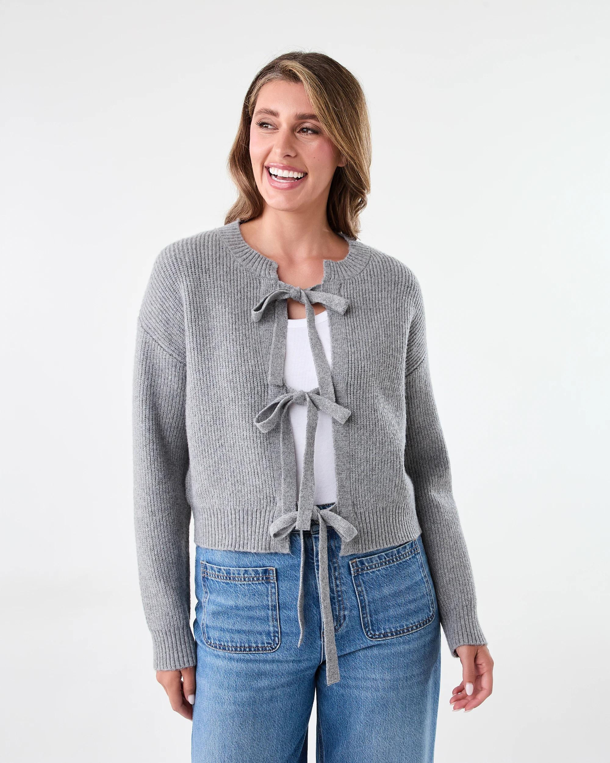 1 Tie Up Ribbed Cardigan Grey Marle, 1 of 8