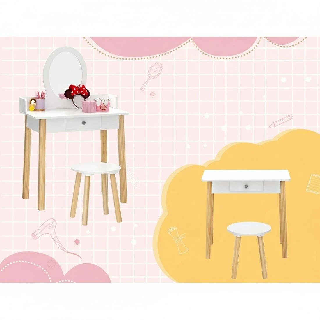 4 Keezi Kids Dressing Table Chair Set Wooden Leg Vanity Makeup Drawer Mirror - White, 4 of 5