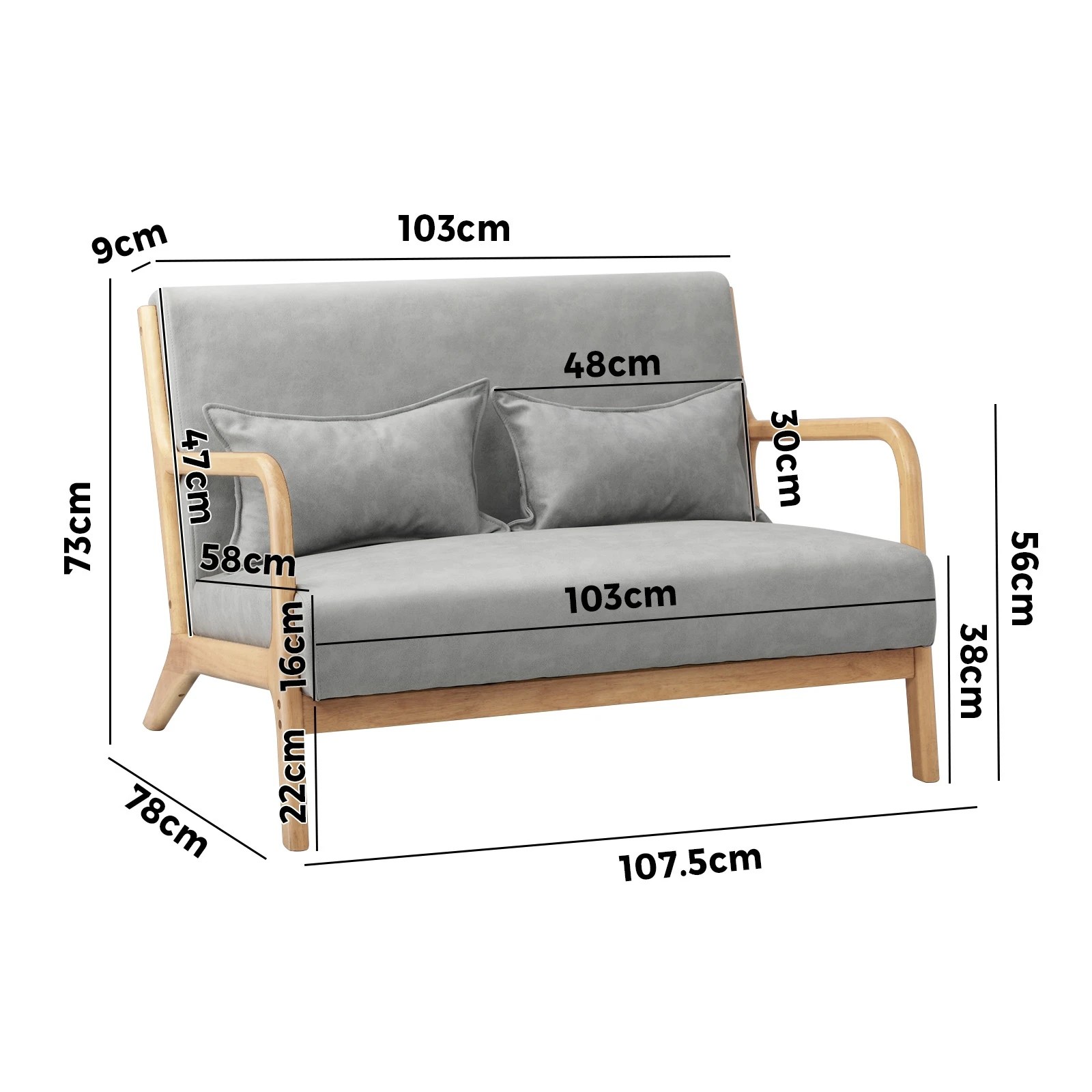9 Oikiture Armchair Lounge Chair 2 Seater Accent Couch Sofa Fabric  Pillows
 - Grey, 9 of 10