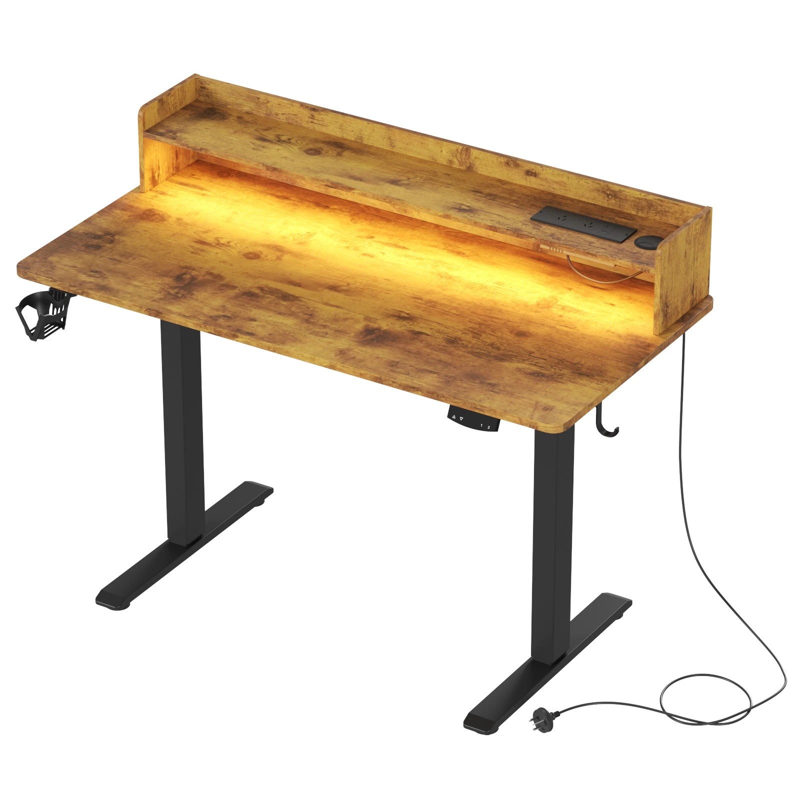 1 Advwin Led Rgb Light Electric Standing Desk With Power Outlets & Monitor Stand 120cm
 - Brown, 1 of 8