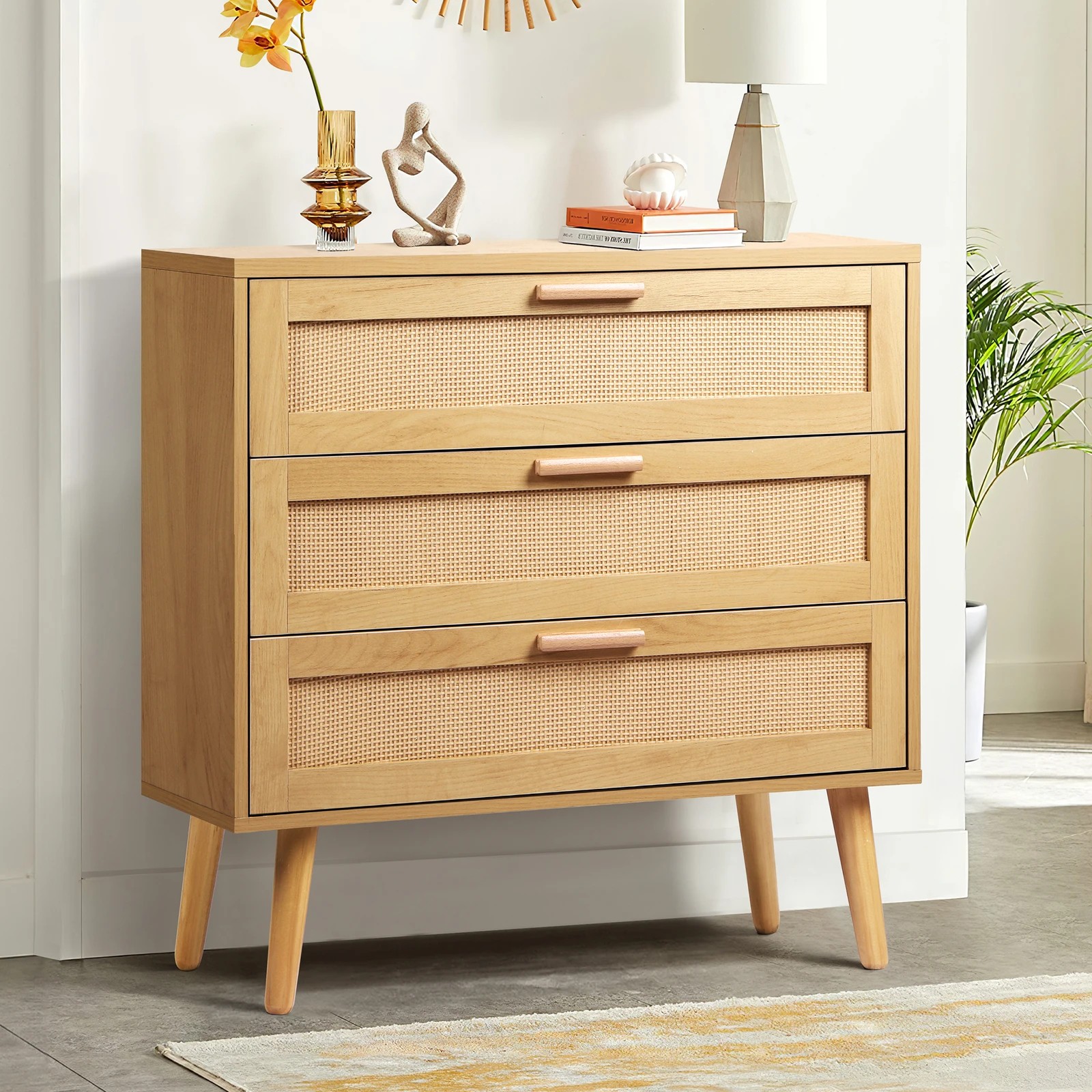 2 Alfordson 3 Chest of Drawers Rattan Cabinet Dresser - Oak, 2 of 8