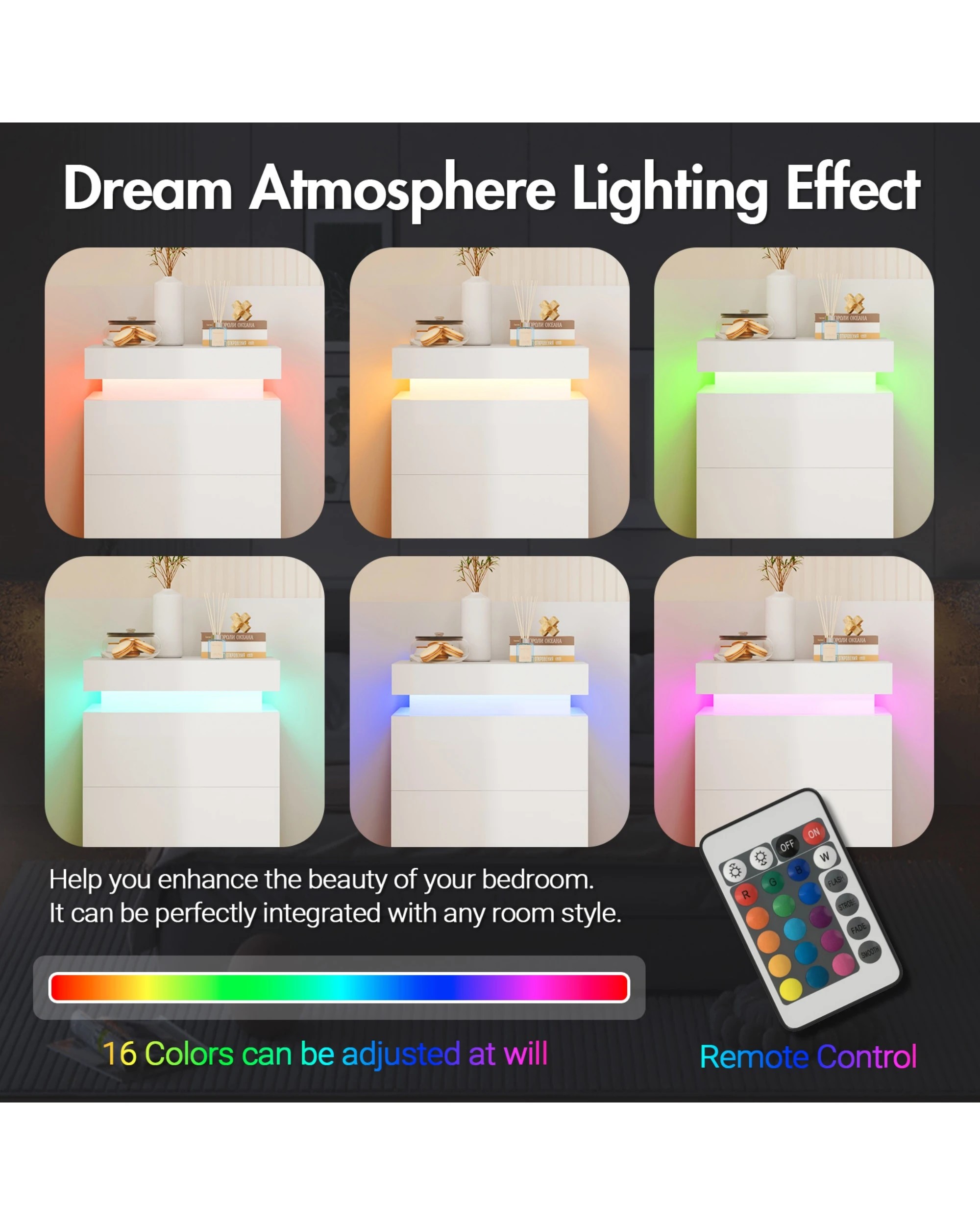 5 Advwin Bedside Table  Led Nightstand 2 Drawers Lift Up Side Table
 - White, 5 of 10