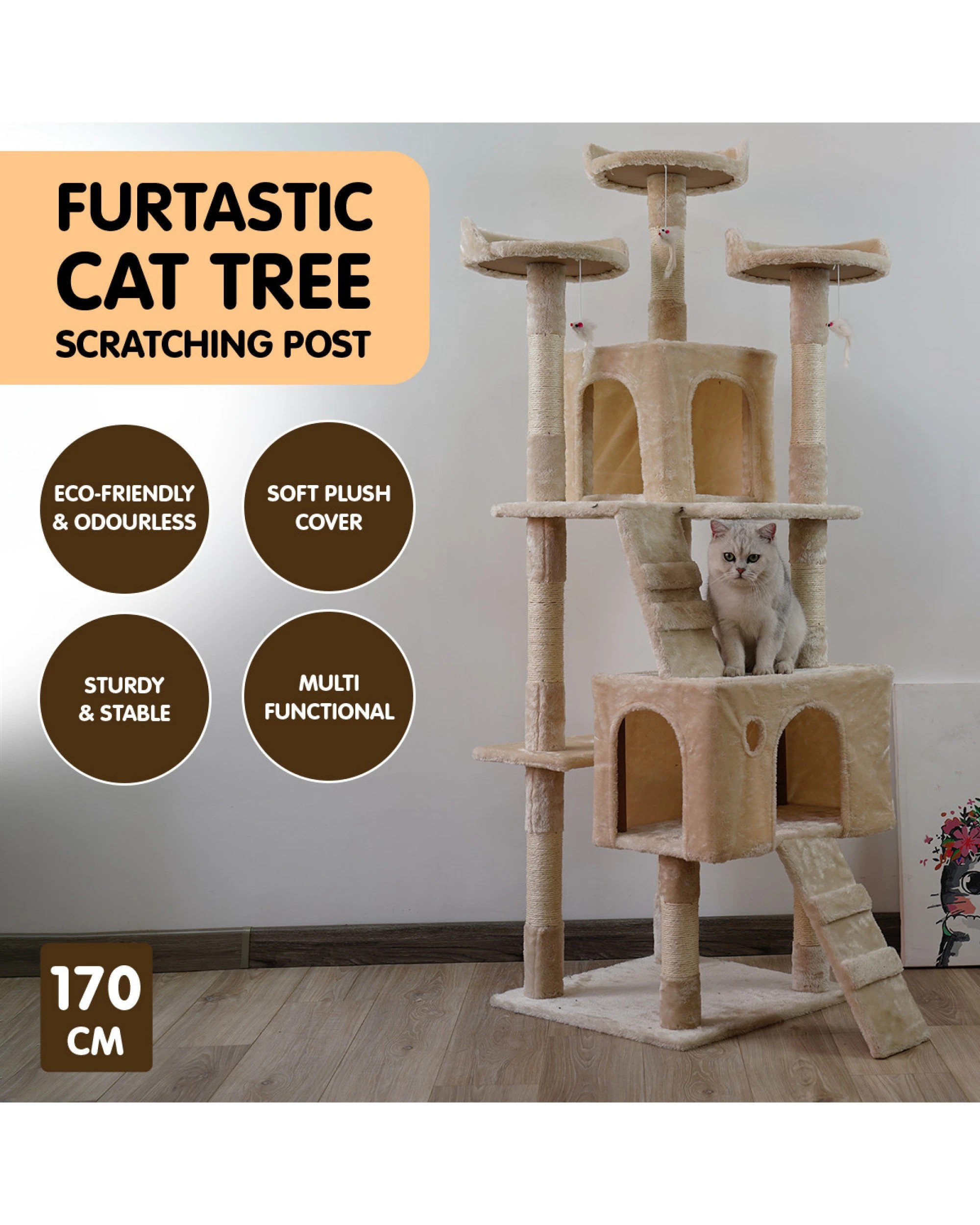 5 Furtastic 170cm Cat Tree Scratching Post - Beige, 5 of 5
