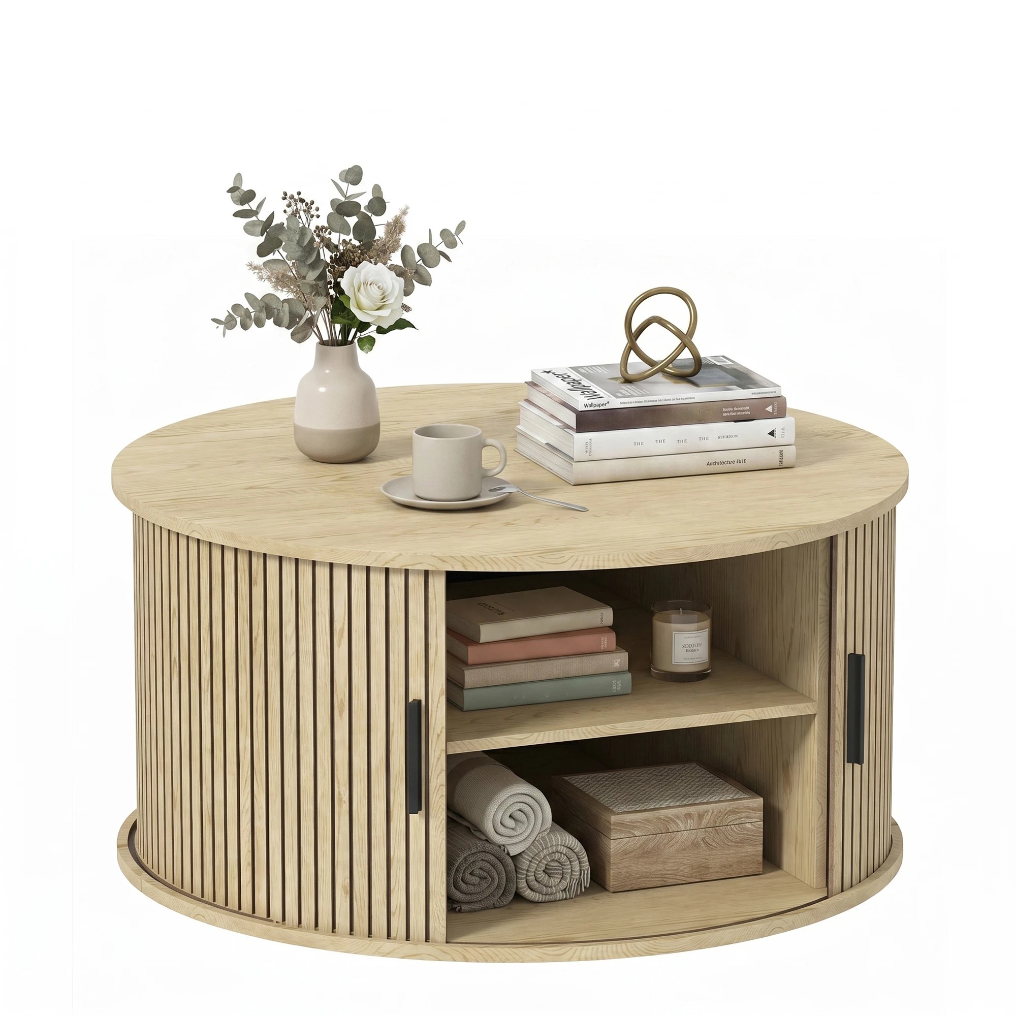 1 Advwin Round Coffee Table with Sliding Door 80cm Mid Century Fluted Tambour Door Design Center Table - Natural, 1 of 7