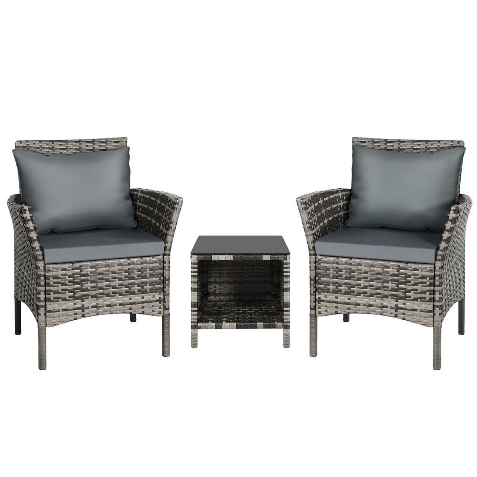 1 Alfordson Outdoor Furniture 3PCS Wicker Bistro Set Patio Chairs Table With Pillow - Mixed Grey, 1 of 10