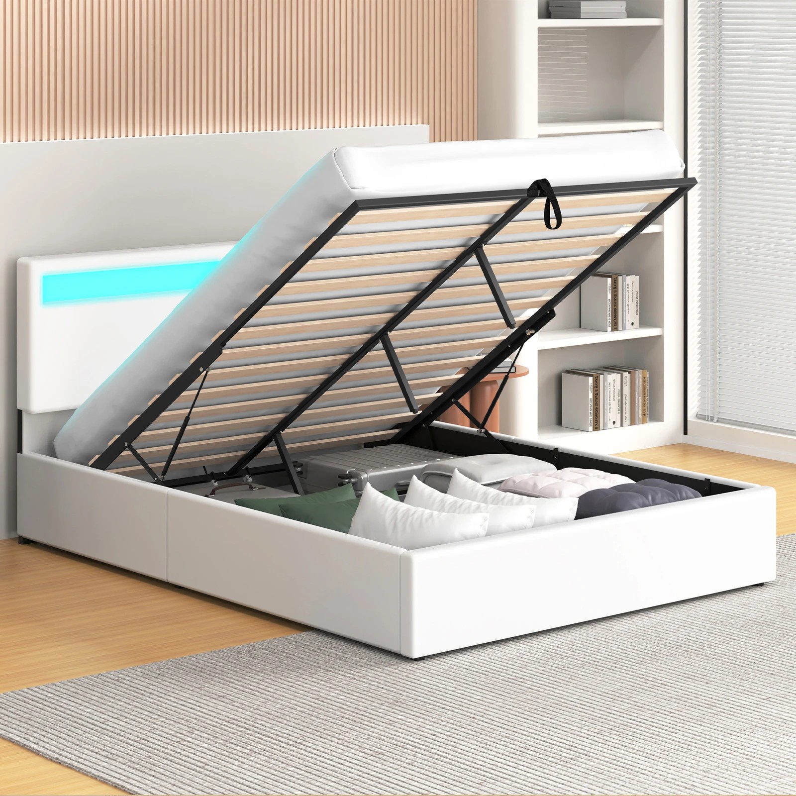 4 Alfordson Bed Frame Double Size RGB LED Gas Lift Storage Base Luchino - White, 4 of 10