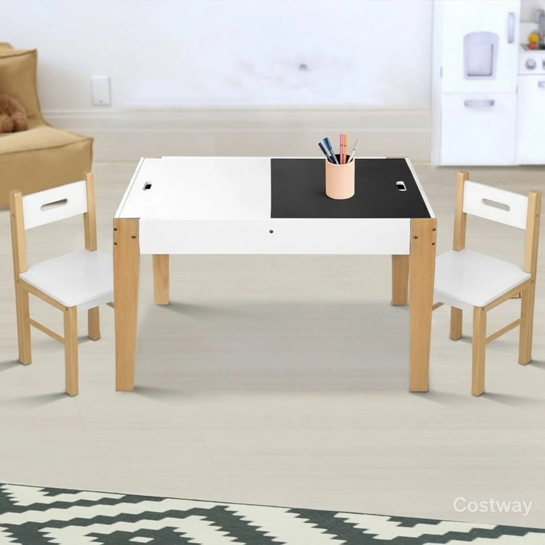 6 Keezi 3PCS Kids Table and Chairs Set Storage Toys Play Activity Desk Chalkboard - White, 6 of 8