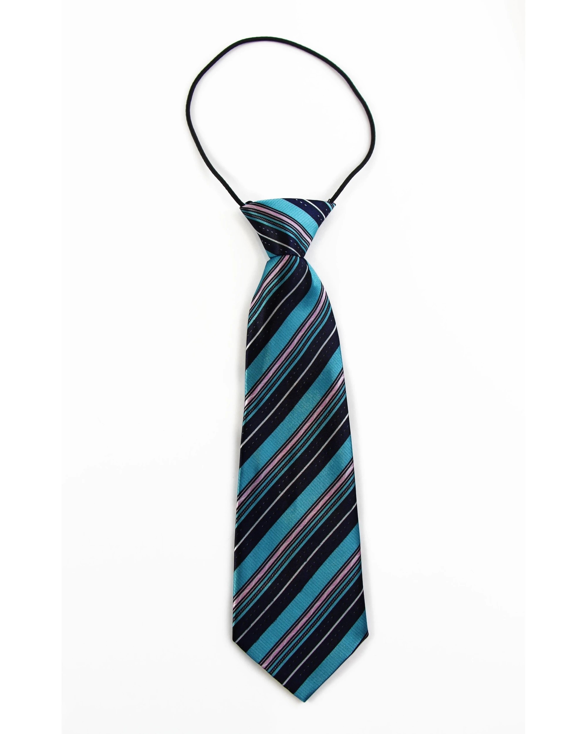 2 Zasel Kids Boys Turquoise Black Diagonal Patterned Elastic Neck Tie, 2 of 2