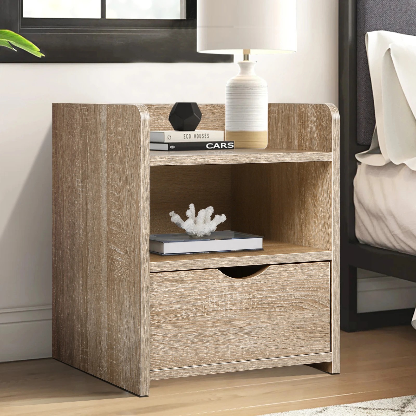 2 Alfordson 2x Bedside Table Nightstand 1 Drawer - Oak, 2 of 10