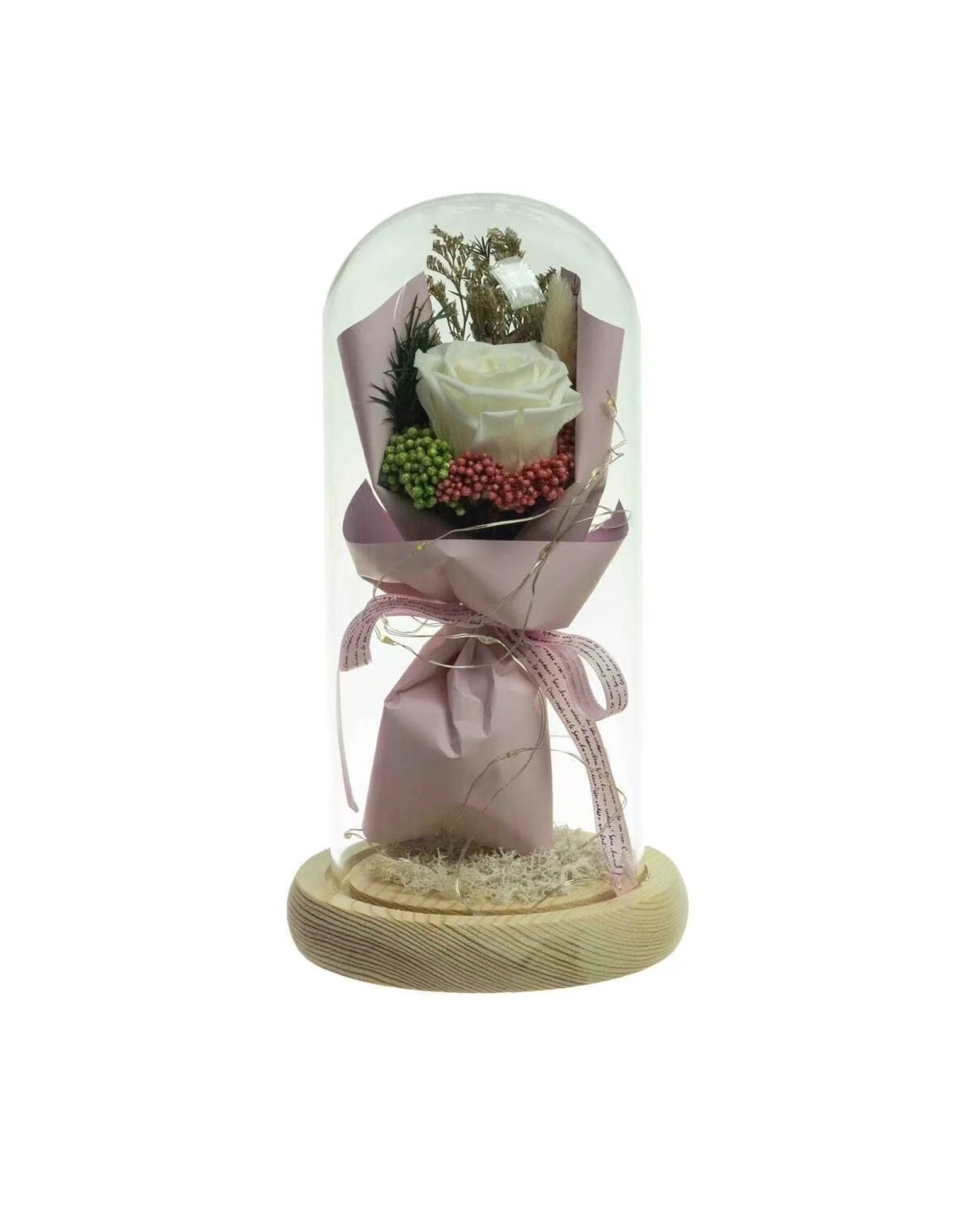 1 Fusion Preserved Dried Rose Flower 21cm Floral Set in Glass Dome w/ Fairy Lights in White Cream, 1 of 1