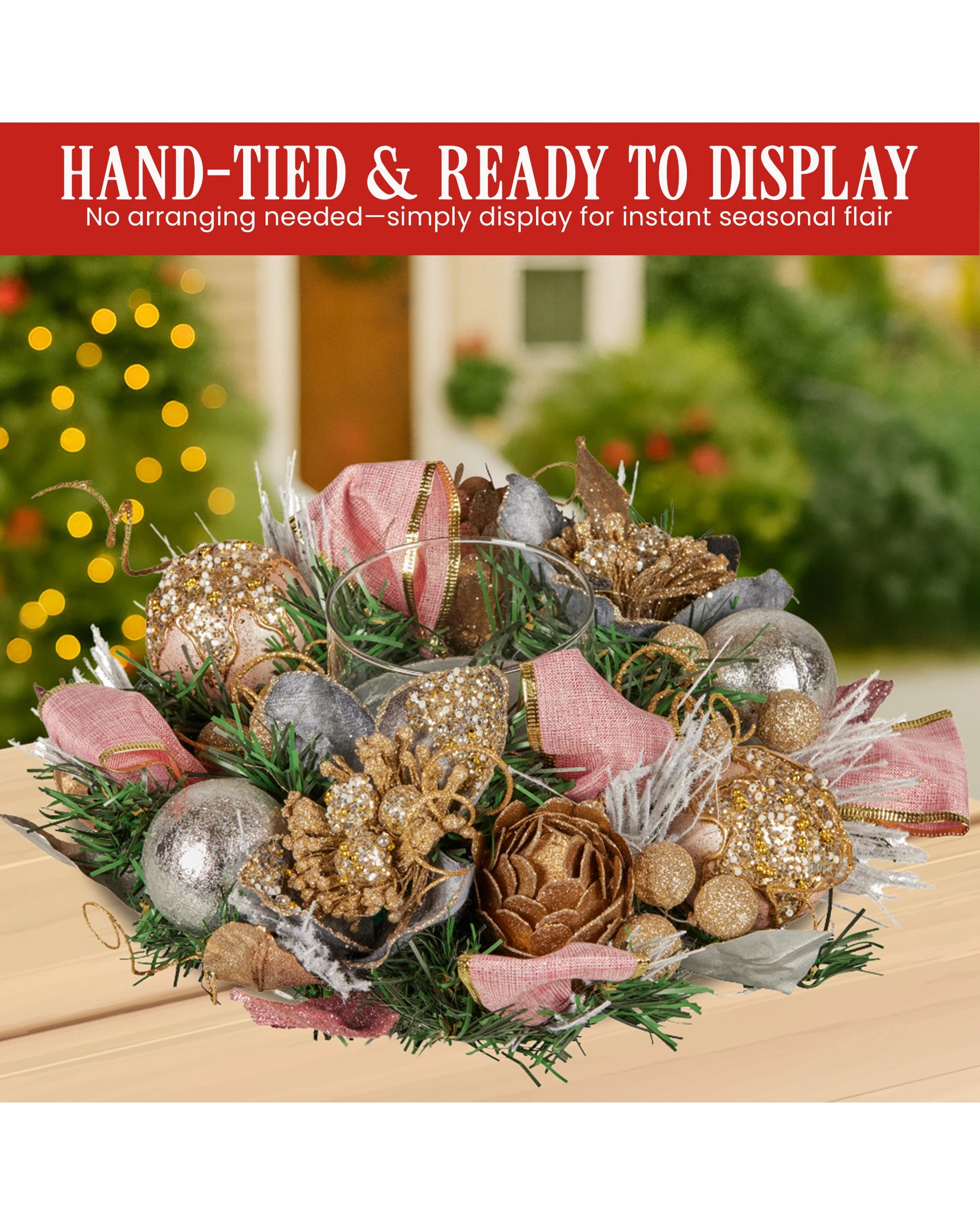 9 Christabelle 26cm Christmas Centrepiece Lush Green Holiday Jewelled Baubles Foliage Flowers Pine Cones Ribbon, 9 of 9