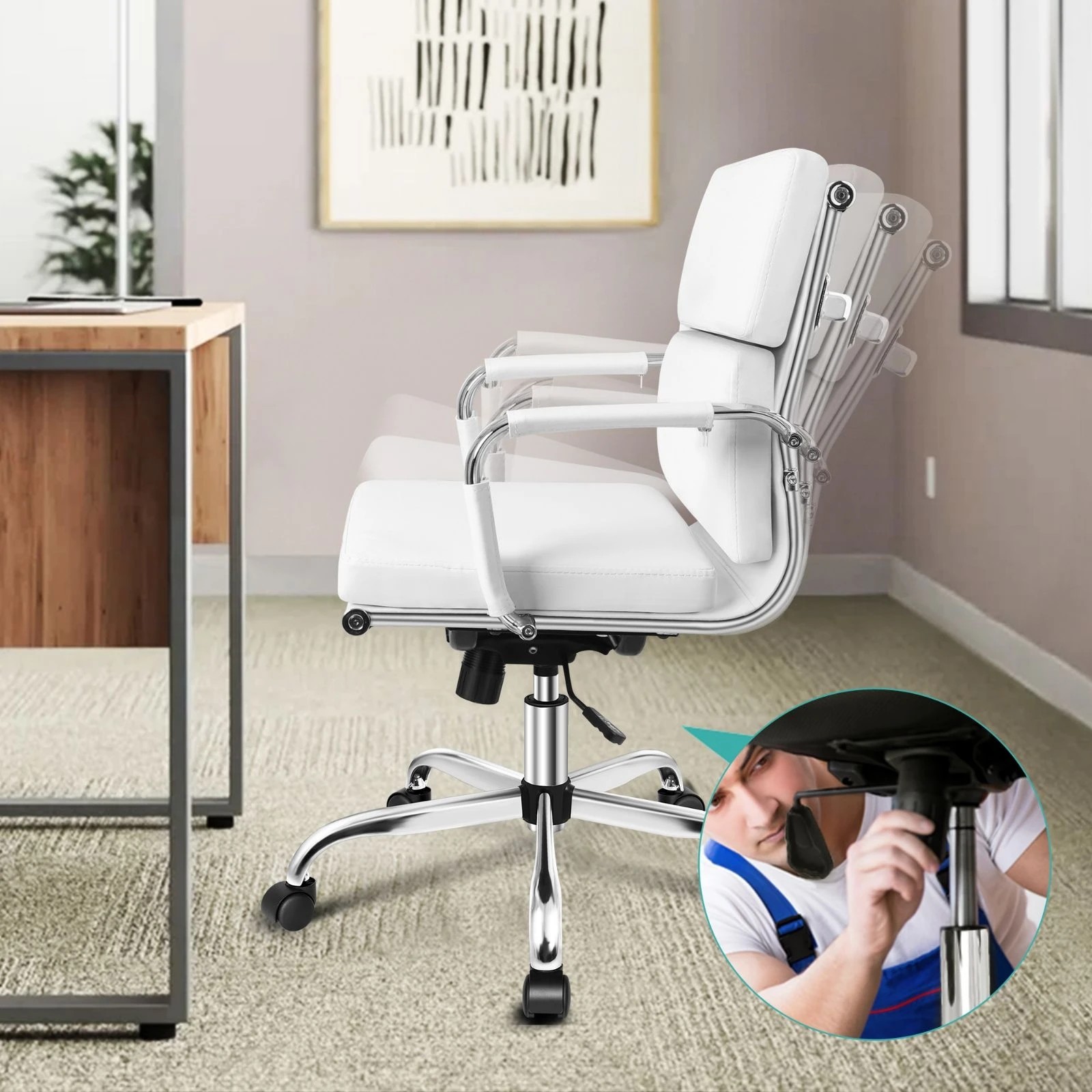 2 Alfordson Office Chair Ergonomic Paddings Executive Computer Work Seat Mid Back - White, 2 of 10