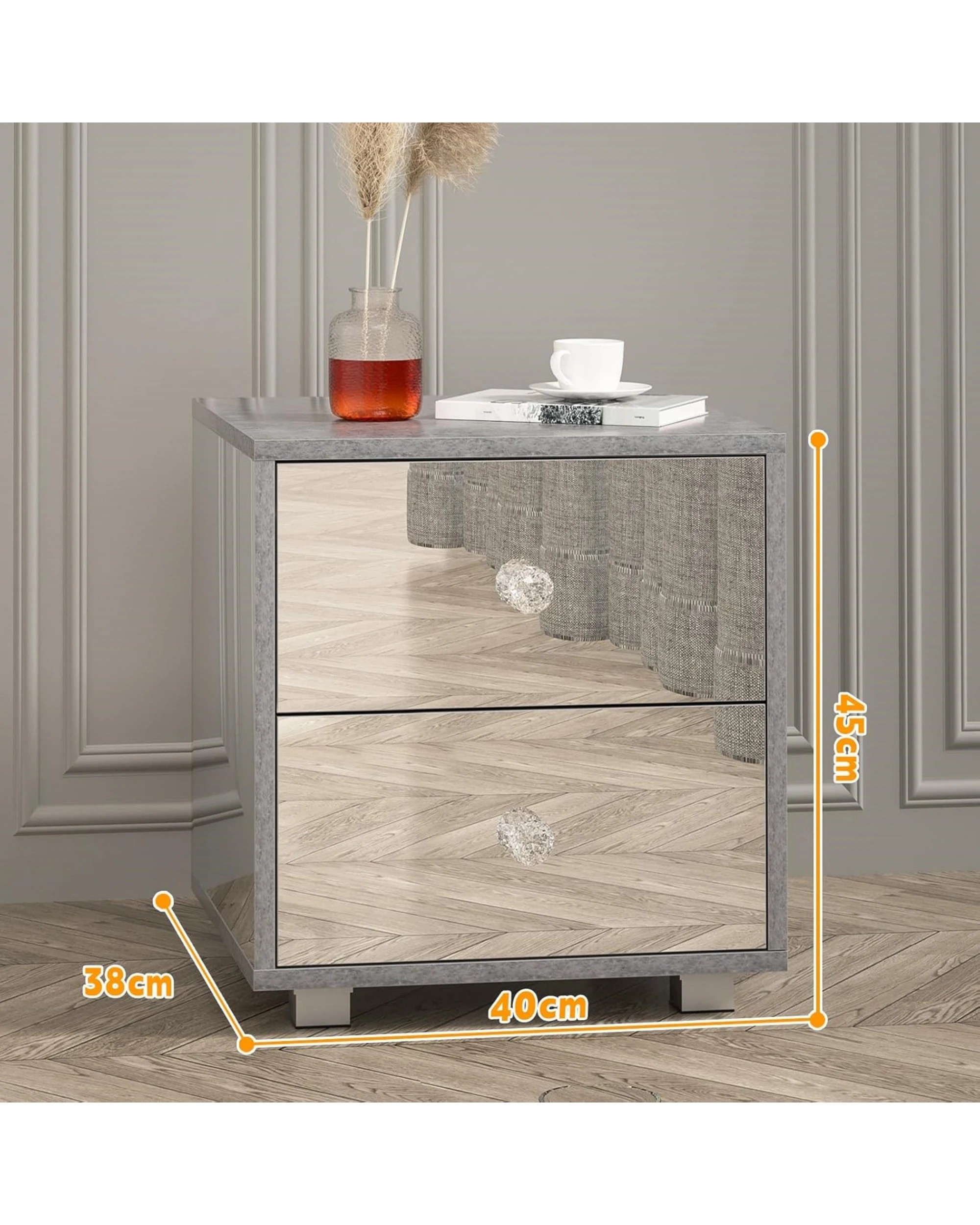 3 Advwin 2 Drawers Bedside Table Set of 2 Mirrored Nightstand, 3 of 8