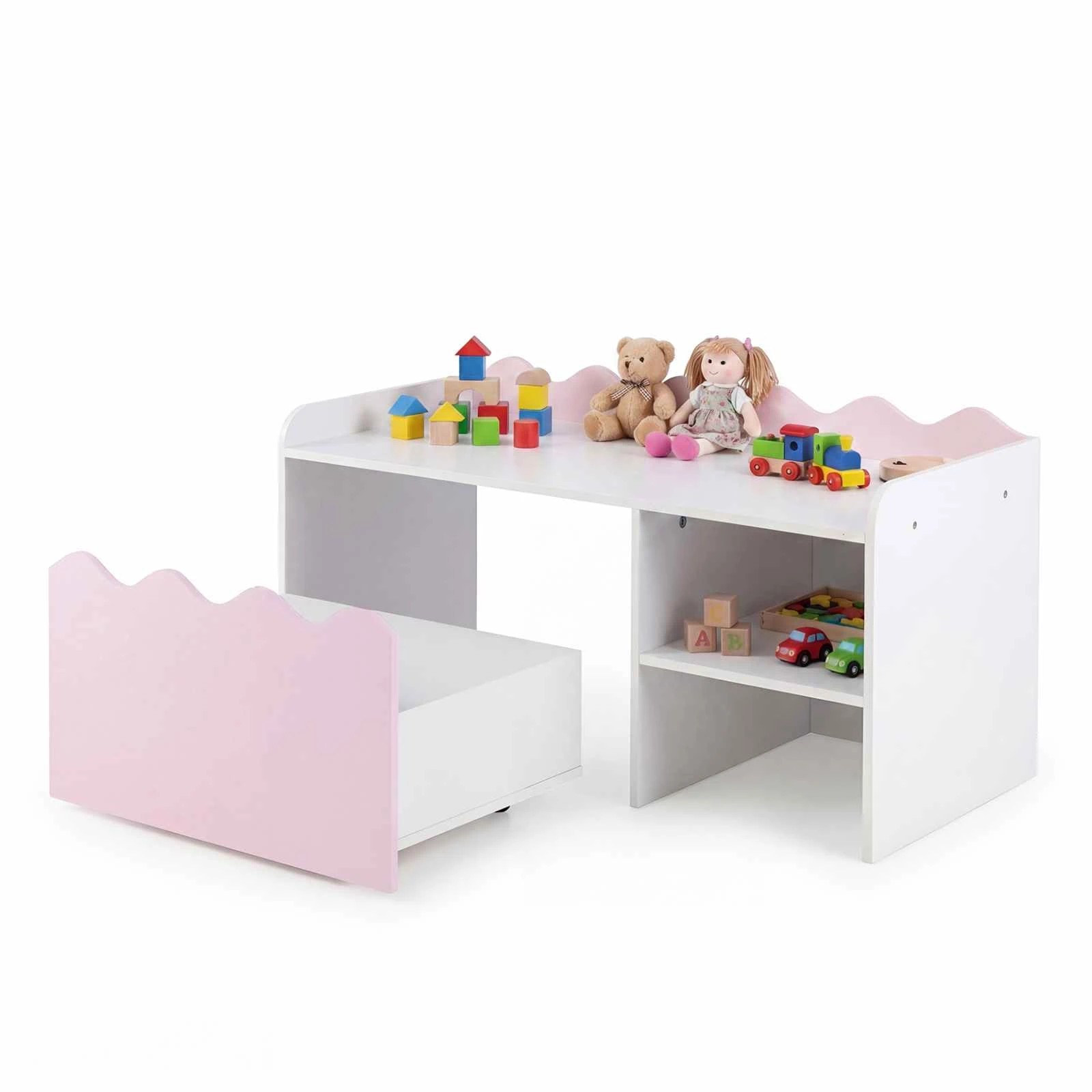 1 Costway Scalloped Bookshelf & Toy Storage Organizer Wooden Book Rack - Pink, 1 of 4