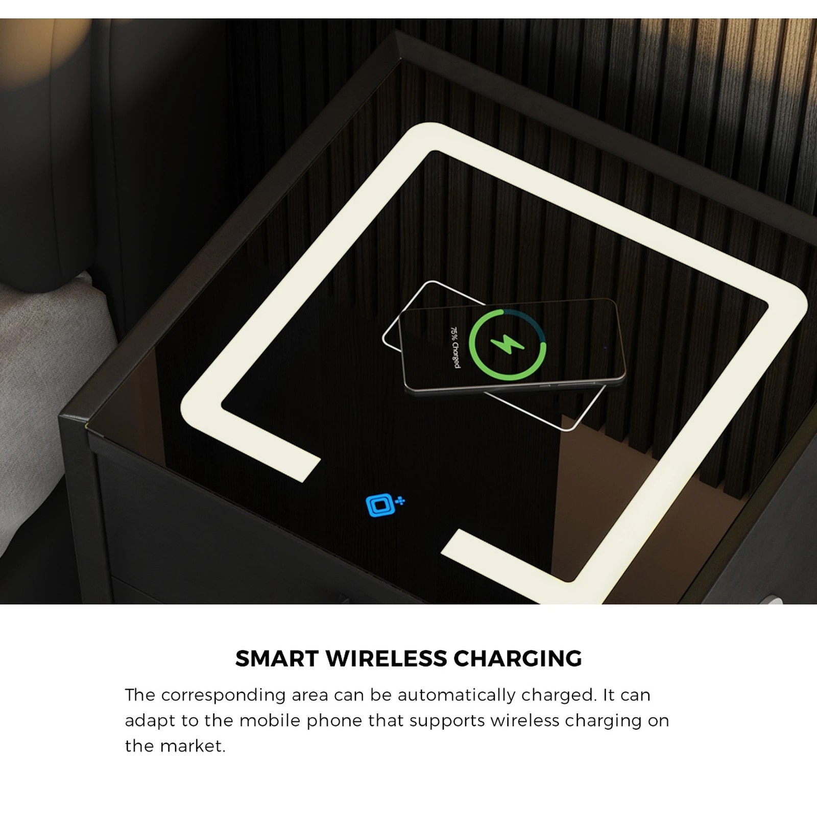 2 Oikiture Smart Bedside Table Wireless Charging Led Lights 3 Drawers
 - Black, 2 of 6