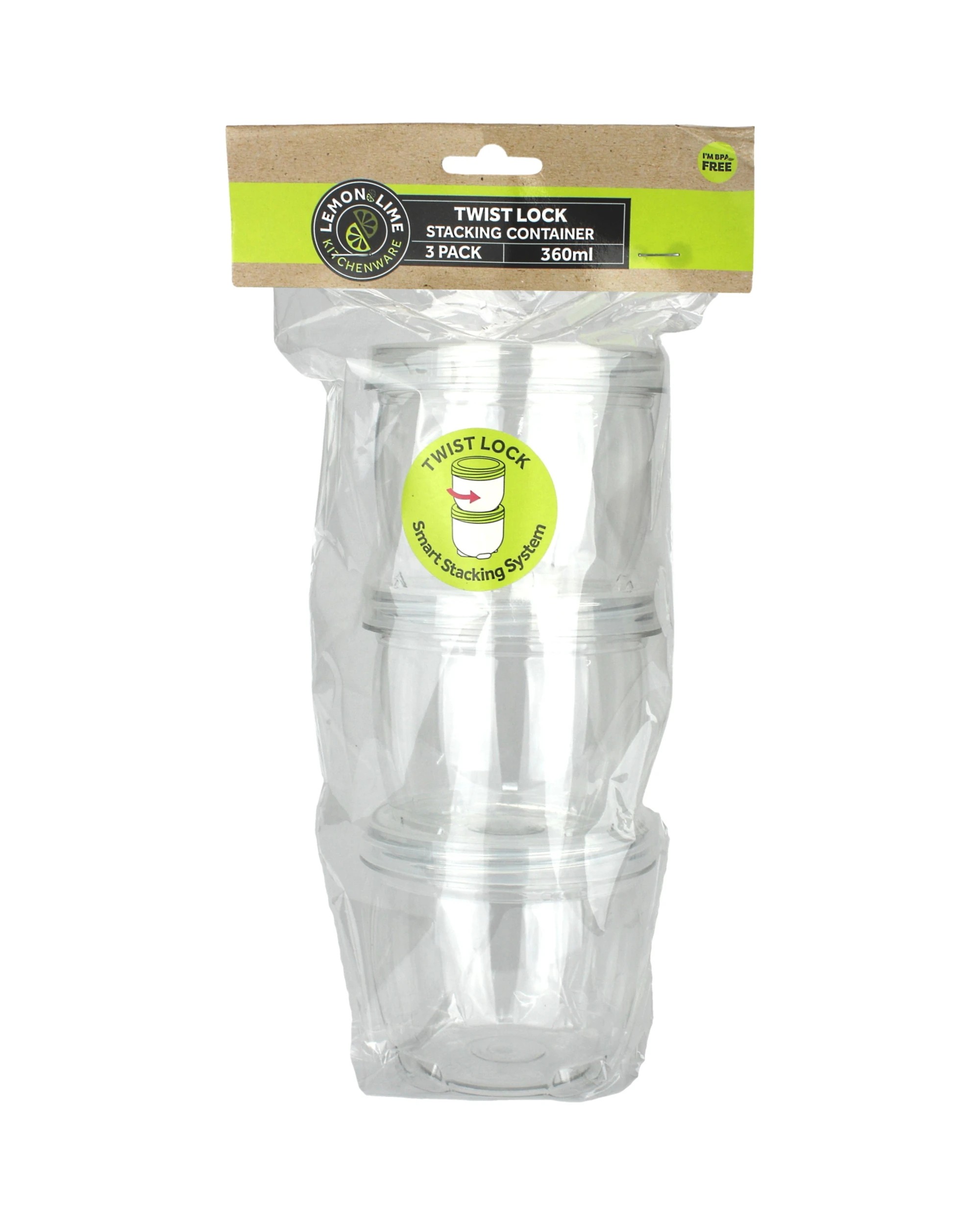 2 Lemon & Lime Twist Lock Stacking Containers 360ml Pack of 3 - Clear, 2 of 3