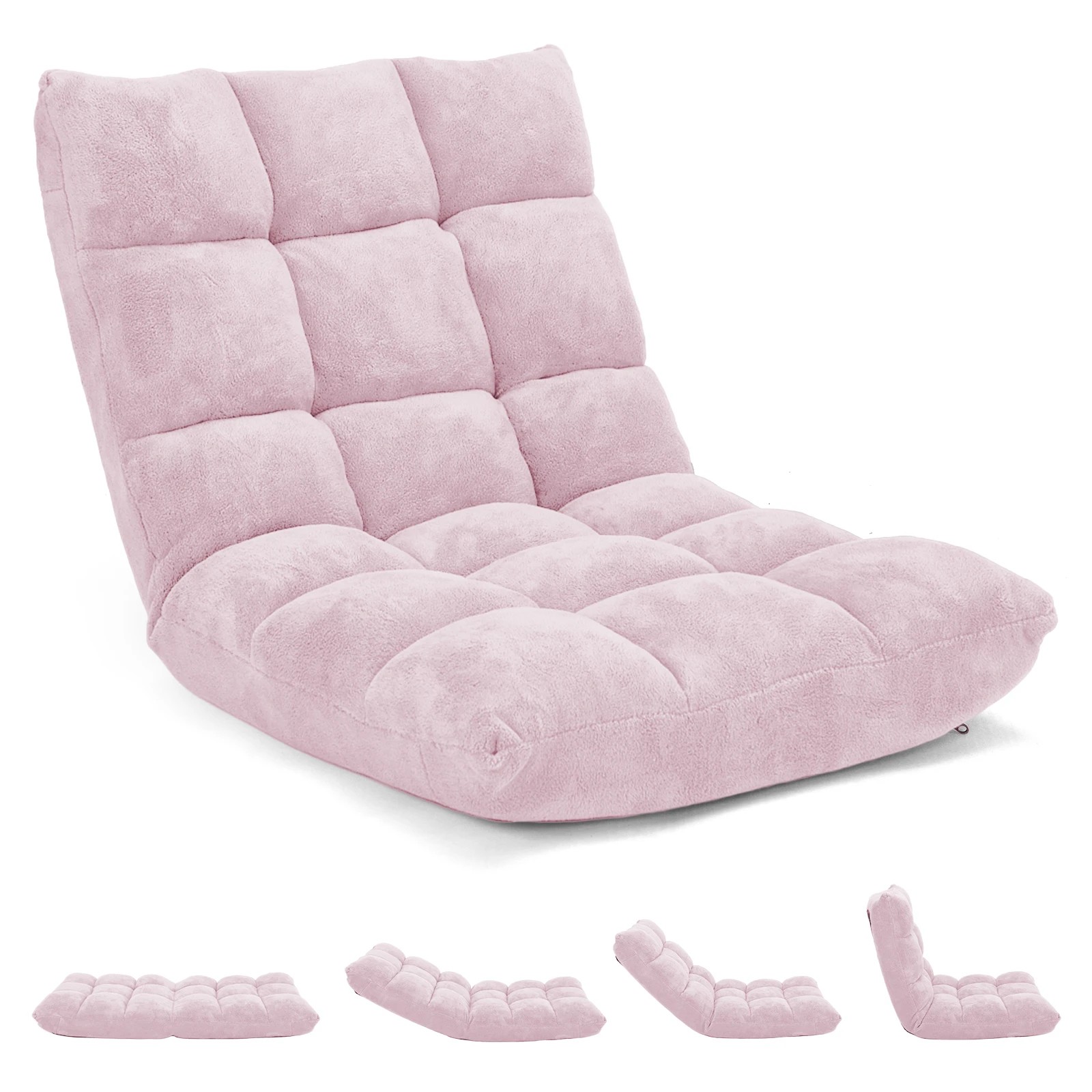 1 Costway Floor Chair Lazy Sofa Velvet Chaise Lounge Lazy Recliner w/14-Position Adjustable Back - Pink, 1 of 1