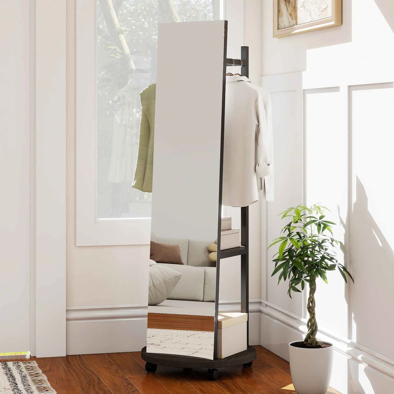 3 Costway Mobile Coat Rack Clothes Tree Hanger w/360°Swivel Full Length Mirror - Black, 3 of 4