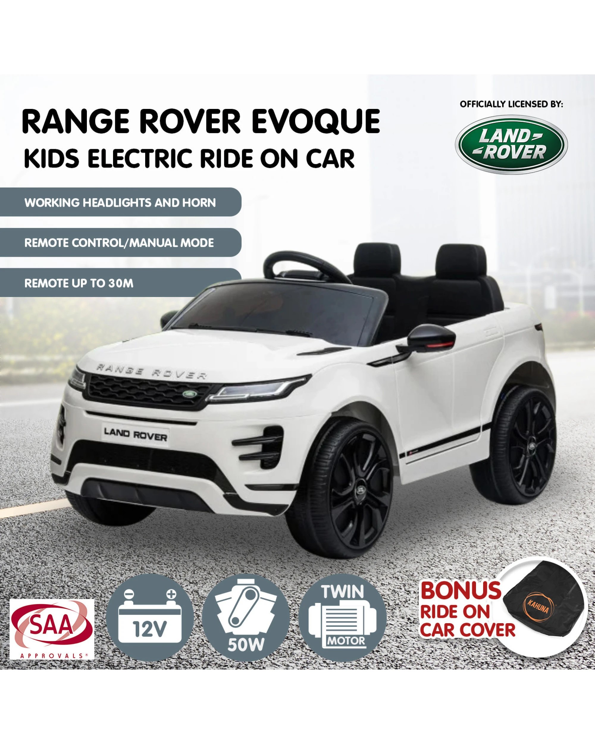 3 Kahuna Land Rover Licensed Kids Electric Ride On Car Remote Control - White, 3 of 10