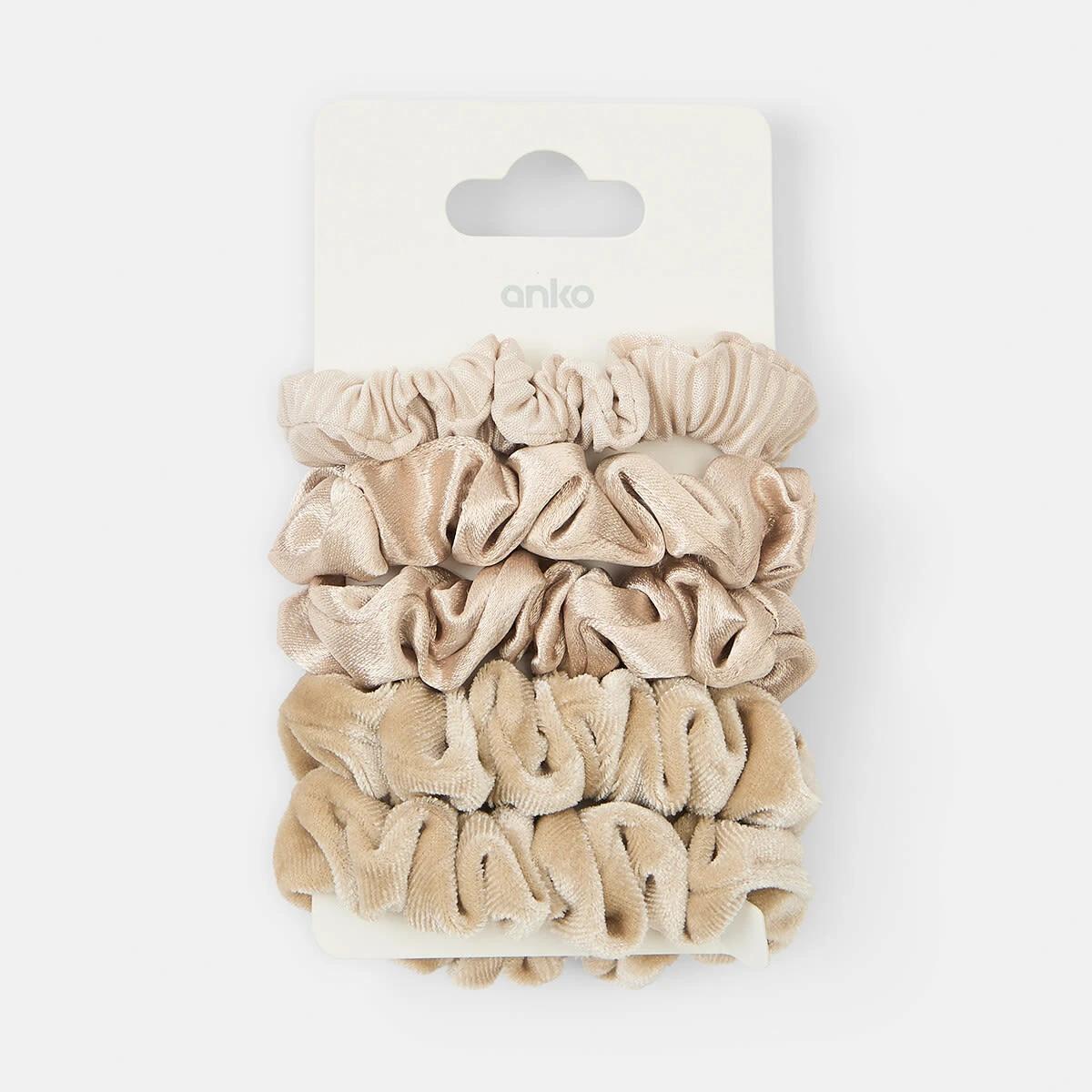 5 5 Pack Mini Textured Hair Scrunchies Beige, 5 of 5