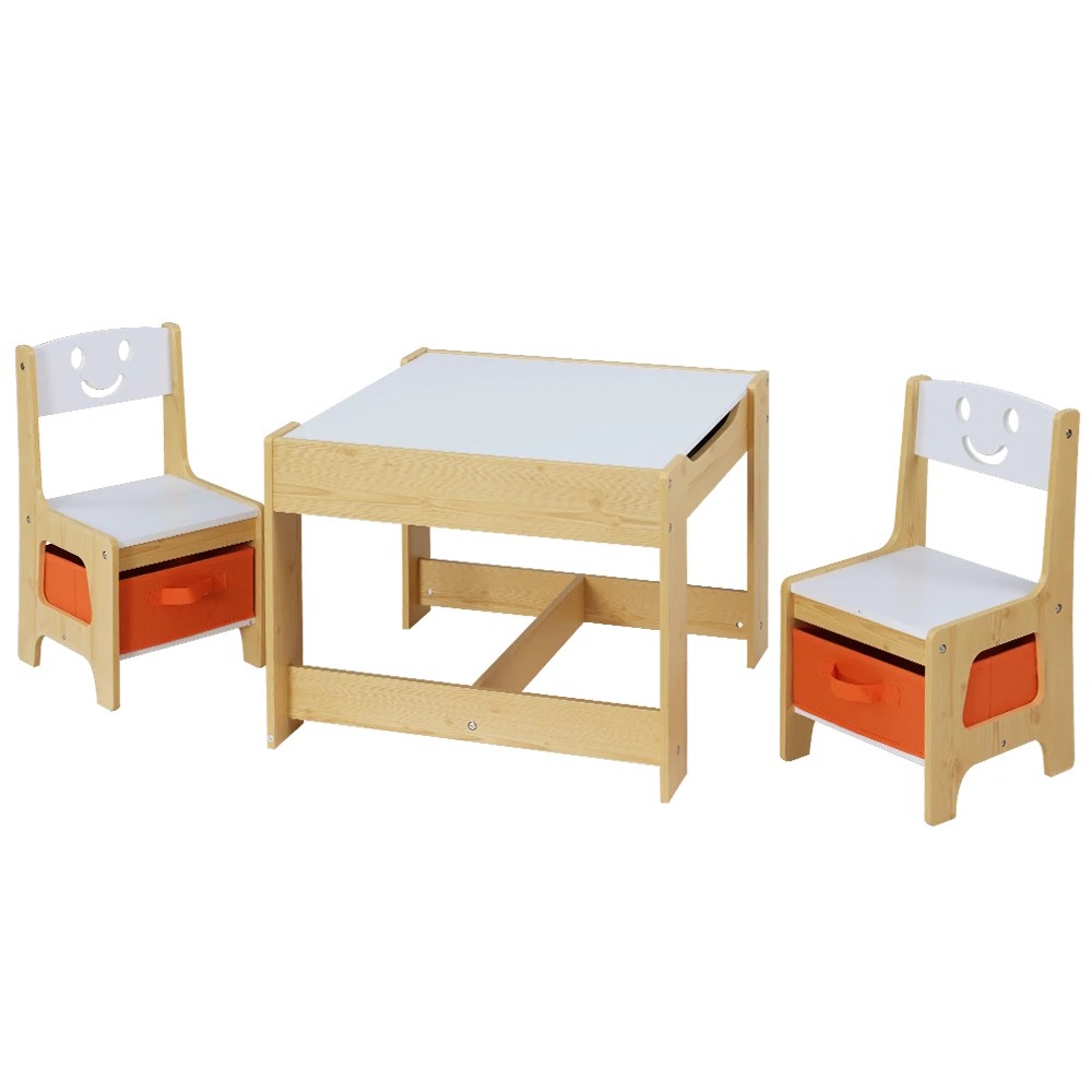 1 Keezi 3PCS Kids Table and Chairs Set Activity Desk Chalkboard Toys Storage - Natural, 1 of 5