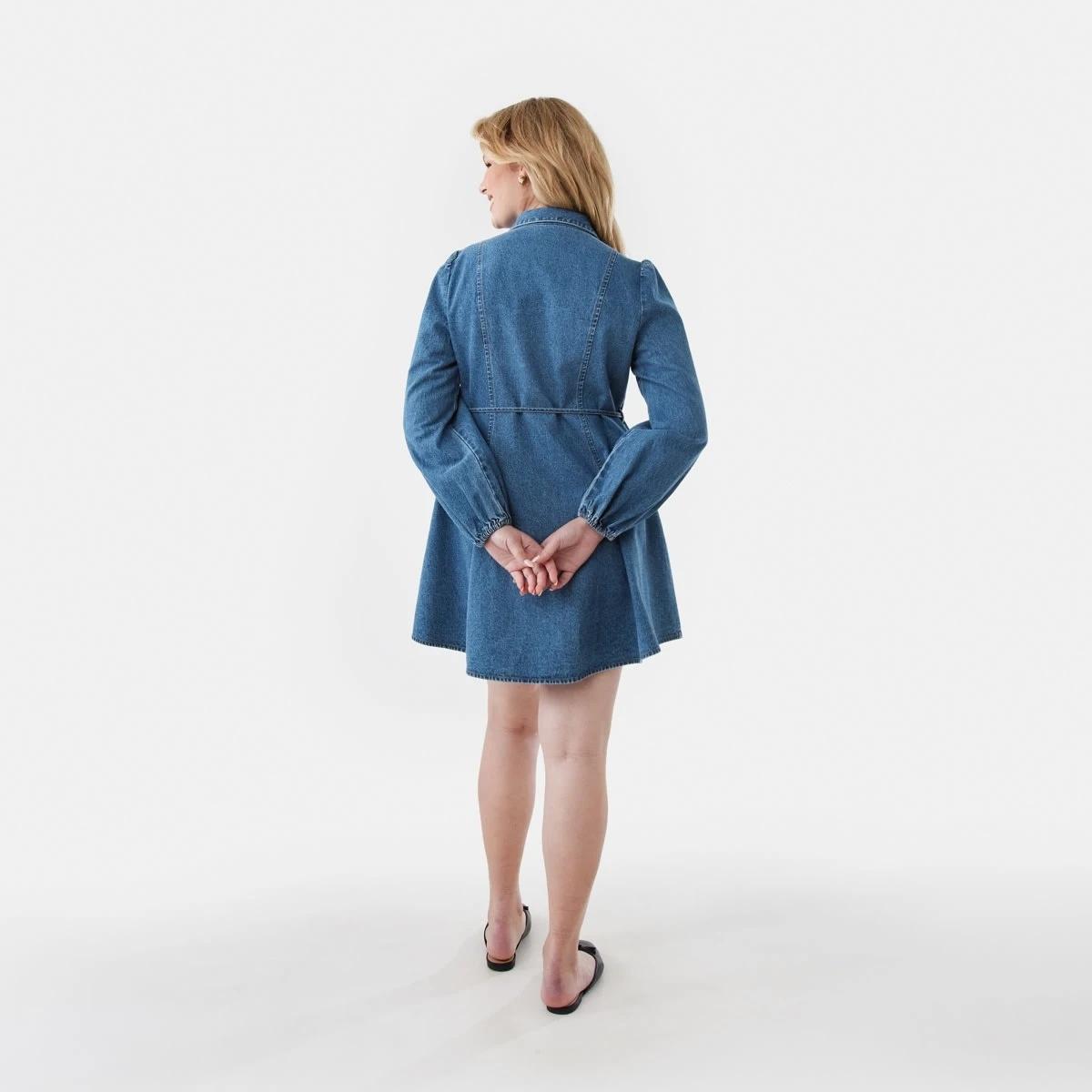 4 Long Sleeve Denim Swing Mini Dress Mid Wash, 4 of 8