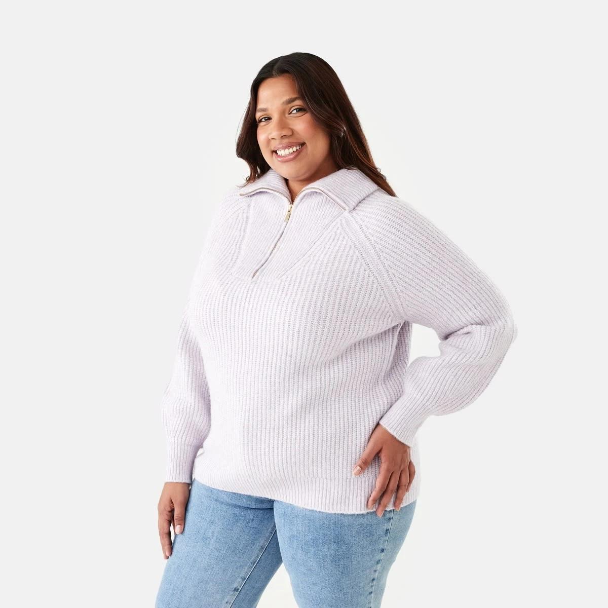 2 Curve Quarter Zip Cable Knit Jumper Purple Mrl, 2 of 5