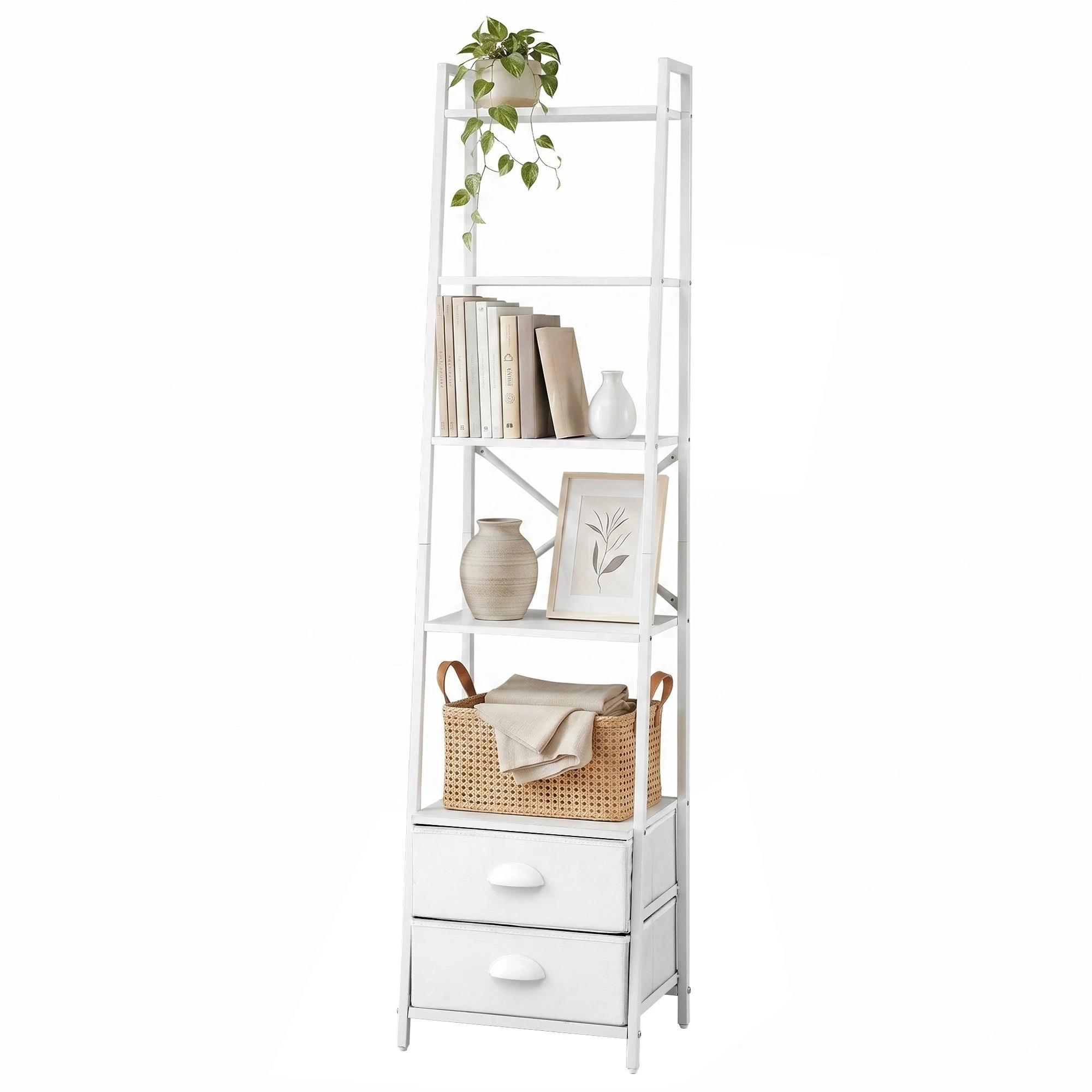 1 Artiss 5 Tier Bookshelf Ladder Bookcase with Fabric Drawers Display Rack - White, 1 of 9