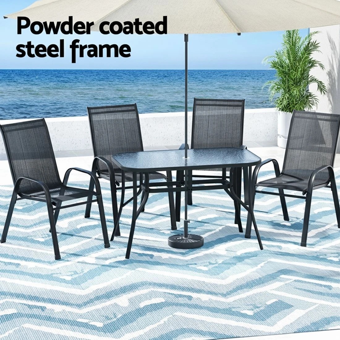 4 Gardeon 120CM Outdoor Dining Table Steel Parasol Hole Desk Patio Furniture - Black, 4 of 6