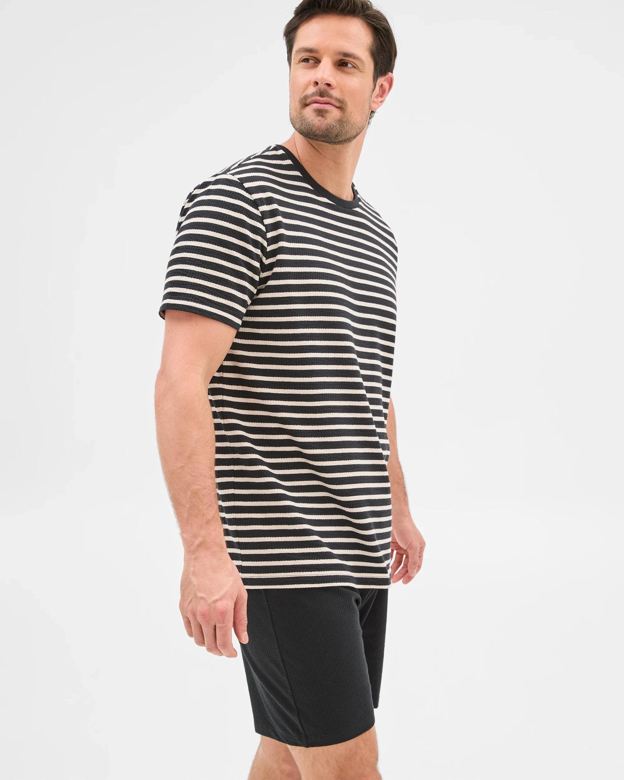 3 Mens Australian Cotton Blend Stripe/Seeersucker Short Pyjama Set - Maxx BLACK/PUMICE STONE STRIPE, 3 of 7