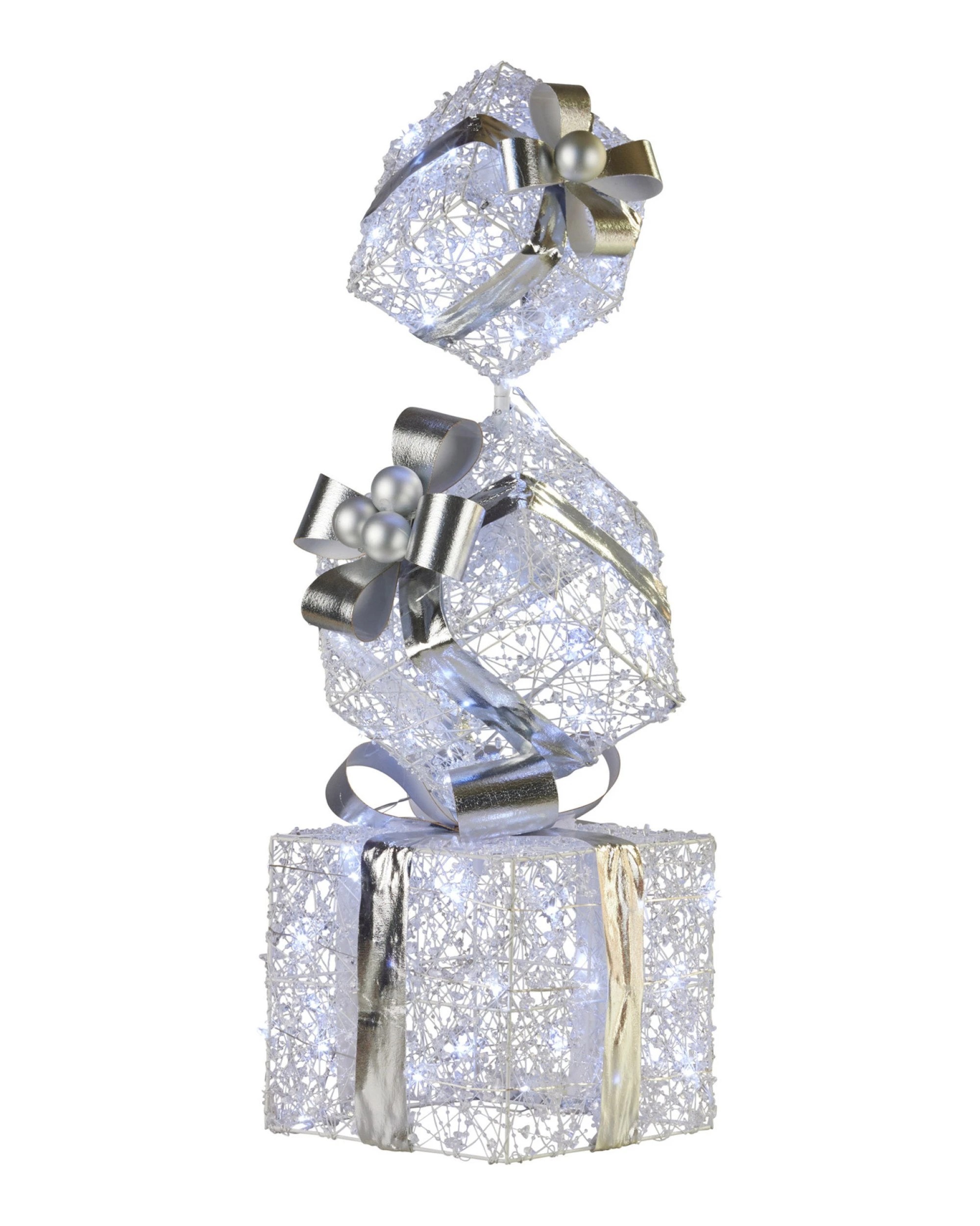 1 Christabelle 83cm Triple Christmas Silver Giftbox Stack Display With Lights, 1 of 7