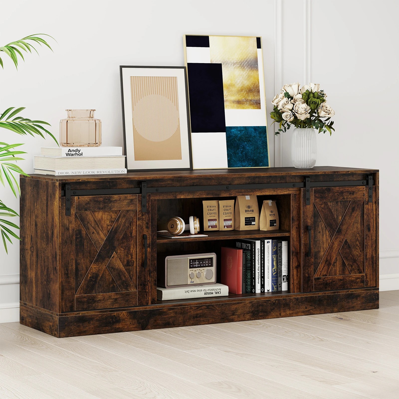 1 Costway TV Cabinet 1.5M Media Console Cabinet w/Sliding Barn Doors & Adjustable Shelves, 1 of 4