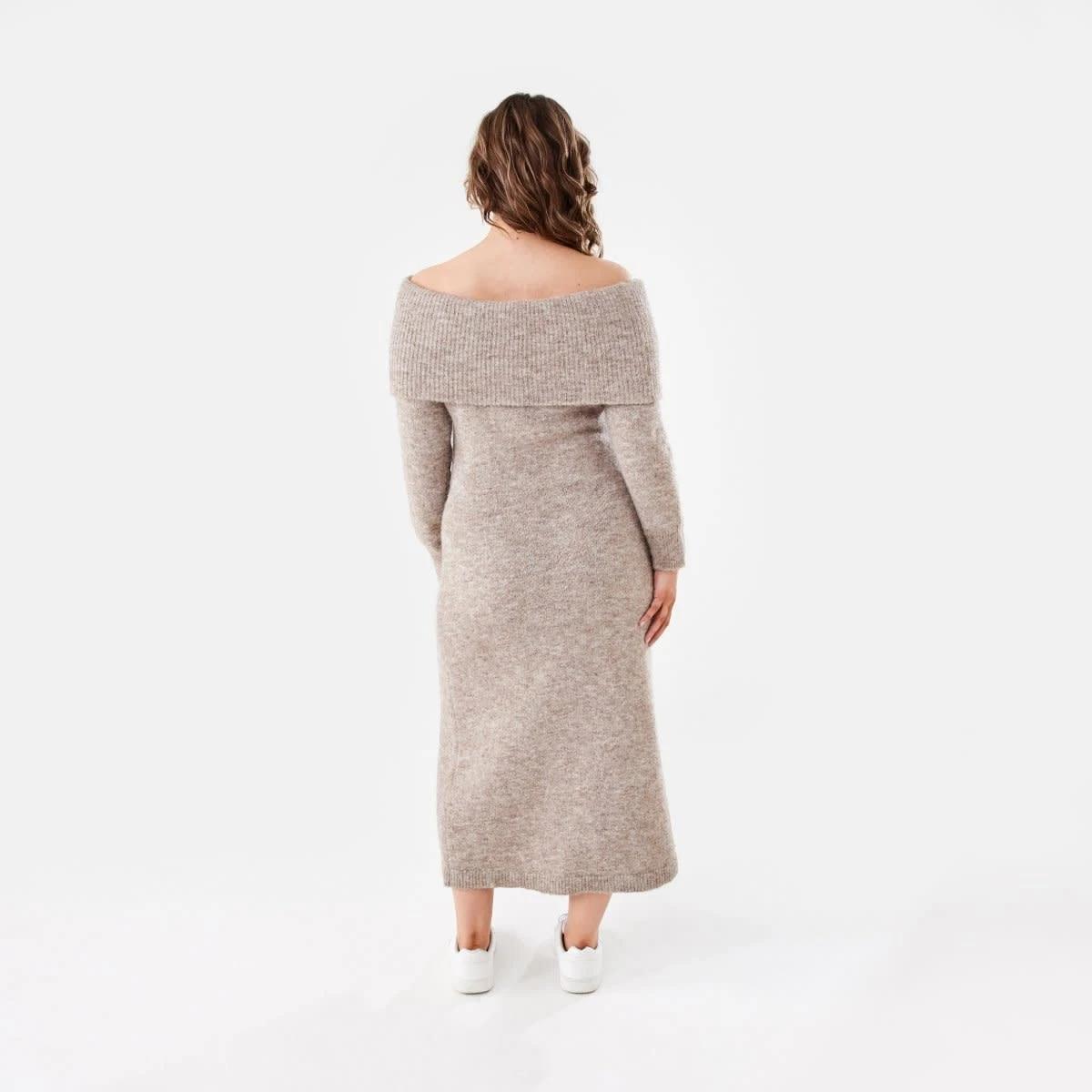 3 Long Sleeve Off Shoulder Knit Midi Dress Taupe Mrl, 3 of 5