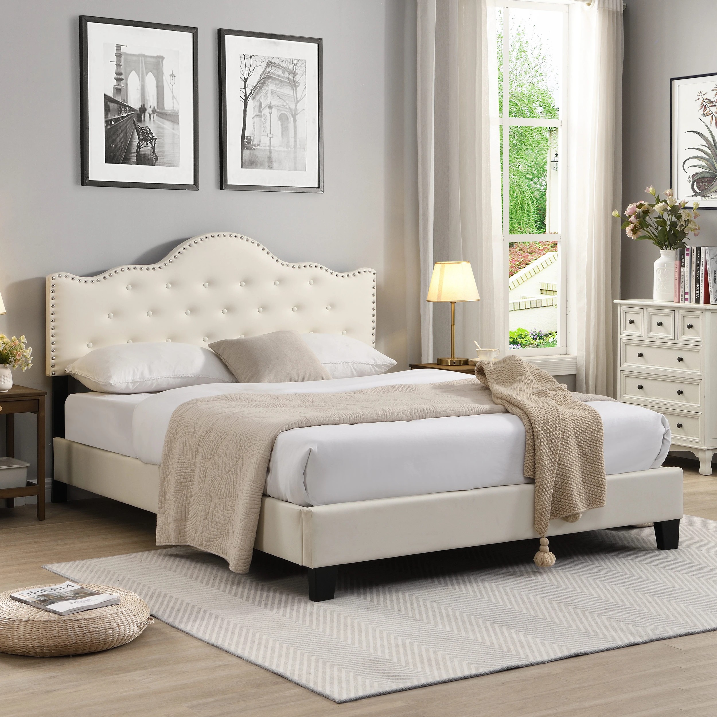 9 IHOMDEC BEF05 Button Tufted Double Bed Frame - Beige - Beige, 9 of 10
