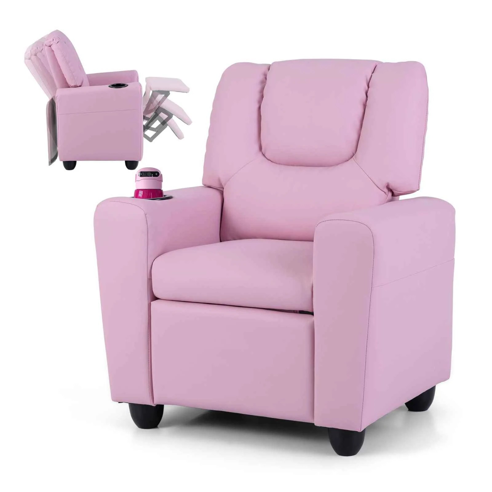 1 Costway Recliner Chair PU Leather Push Back Kids Sofa - Pink, 1 of 1
