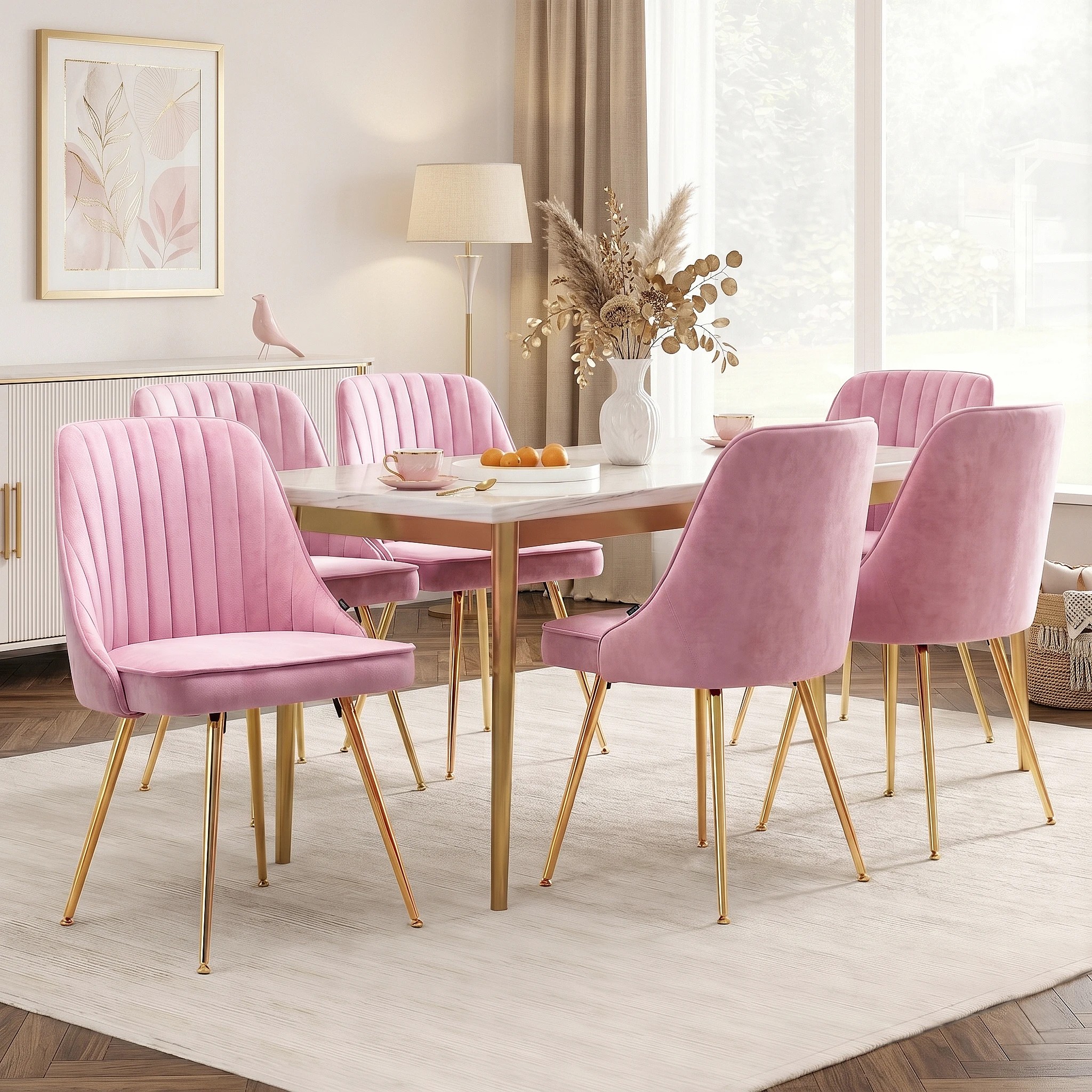 9 Artiss Dining Chairs Set of 6  Channel Tufted - Pink, 9 of 9