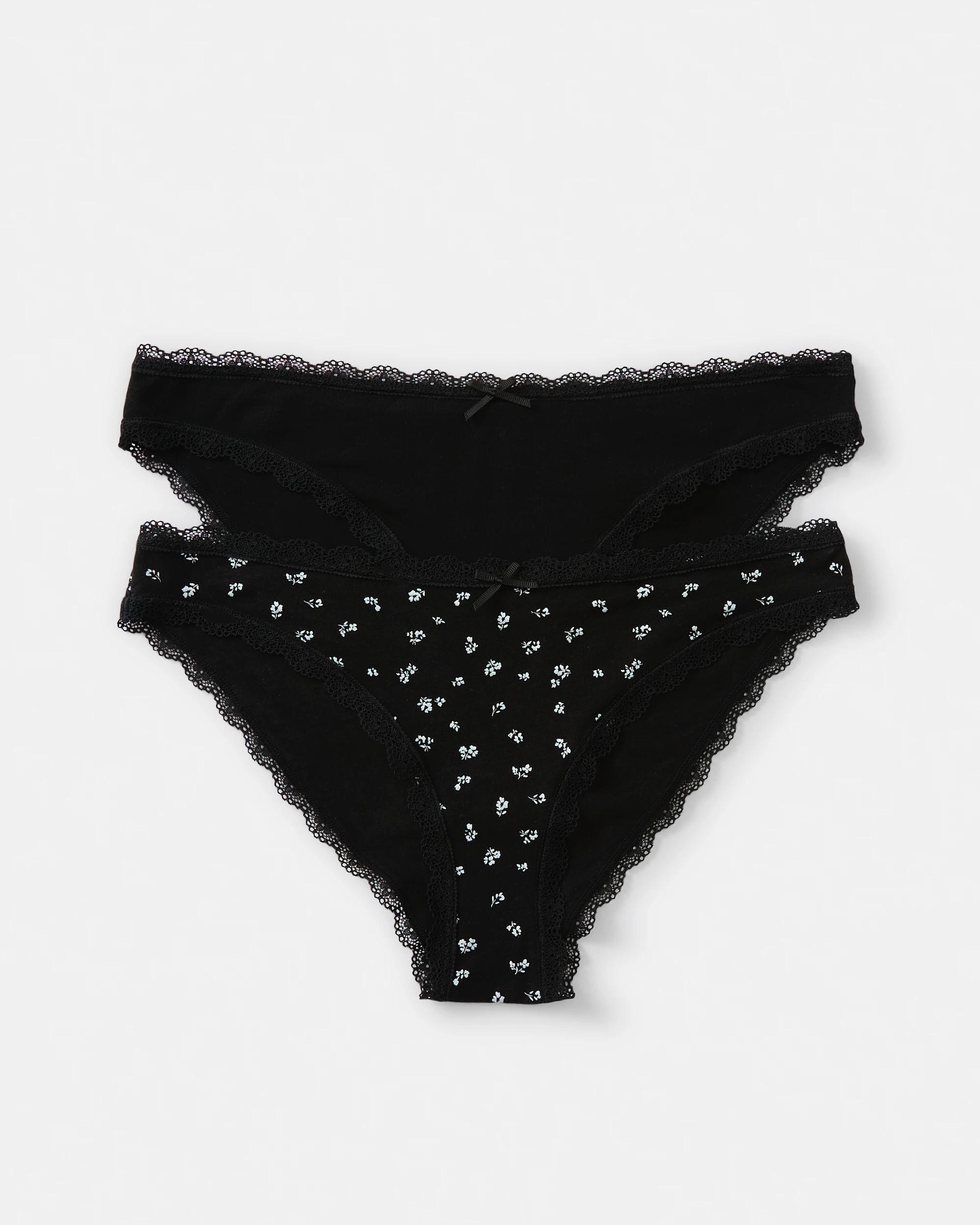 1 2 Pack Cotton Lace Trim Bikini Briefs Blk Frlblk, 1 of 9