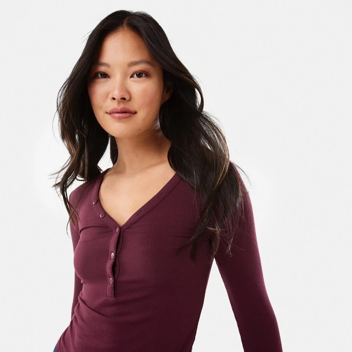 5 Long Sleeve Rib Henley Top Burgundy, 5 of 6