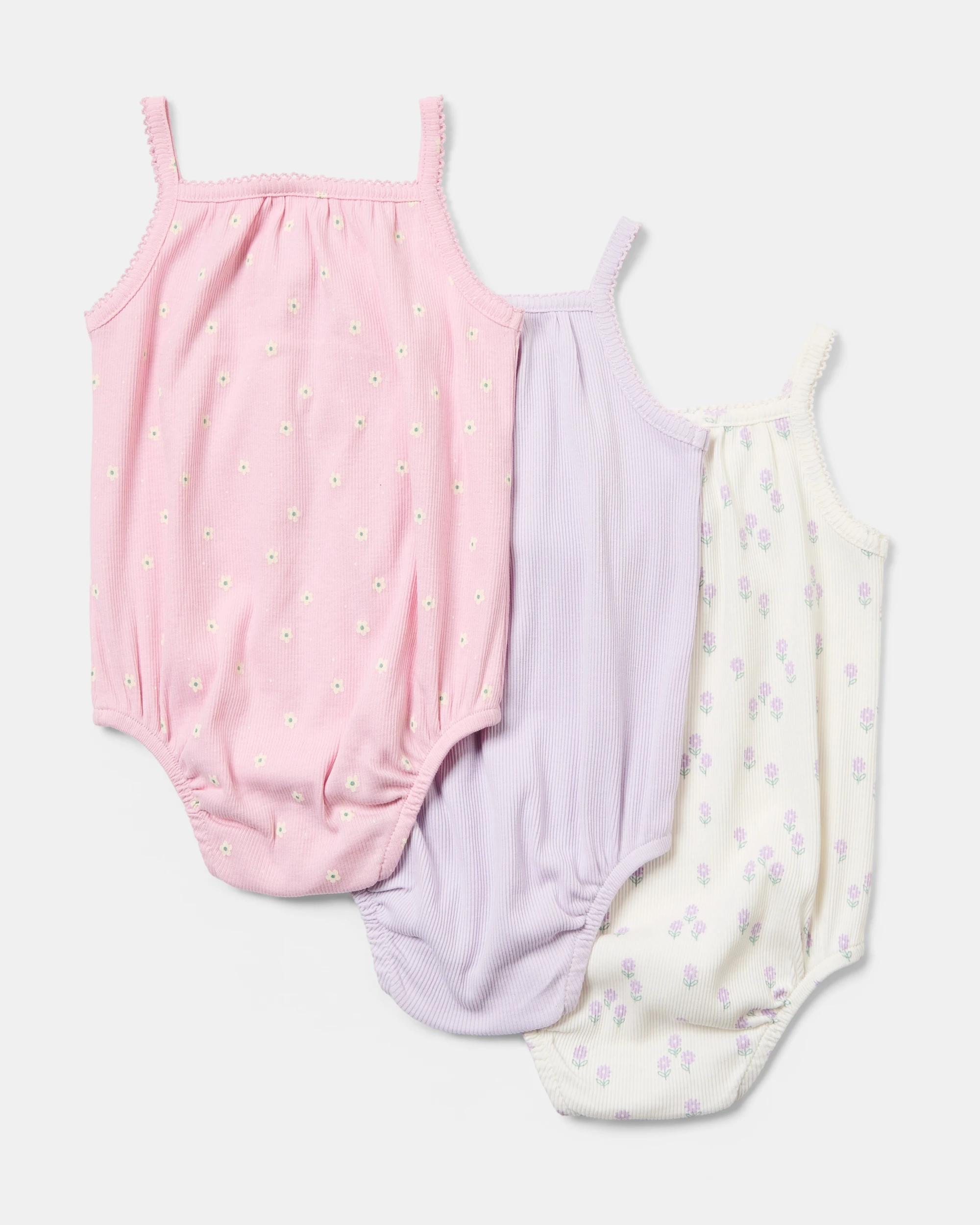 2 3 Pack Sleeveless Rib Bodysuits Daisies, 2 of 9