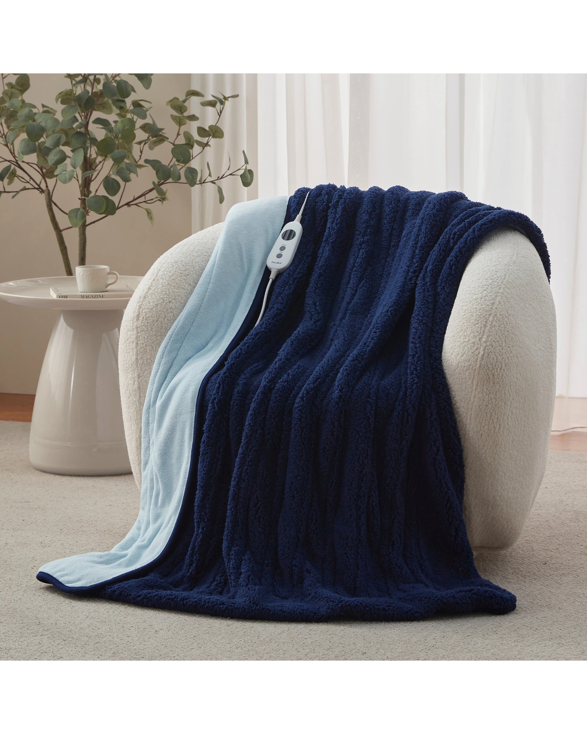 1 Dreamaker Eve Reversible Sherpa & Coral Fleece Heated Throw 130x160cm - Midnight Blue and Sky, 1 of 8
