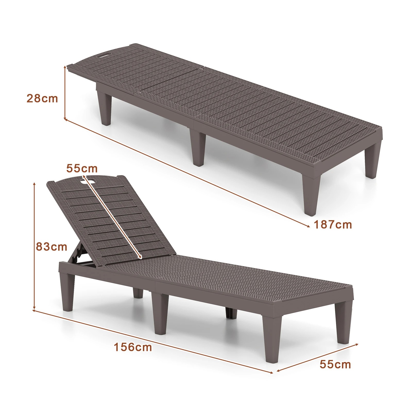 2 Costway 2x Outdoor Lounge Chairs PP Recliner Lounger w/4-Position Backrests - Brown, 2 of 6