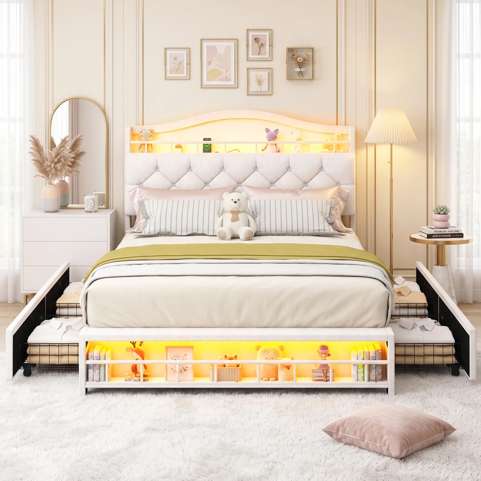 2 Advwin Double Size Velvet Princess Bed Frame with LED Lights, Charging Station & 4 Drawers - Beige, 2 of 8