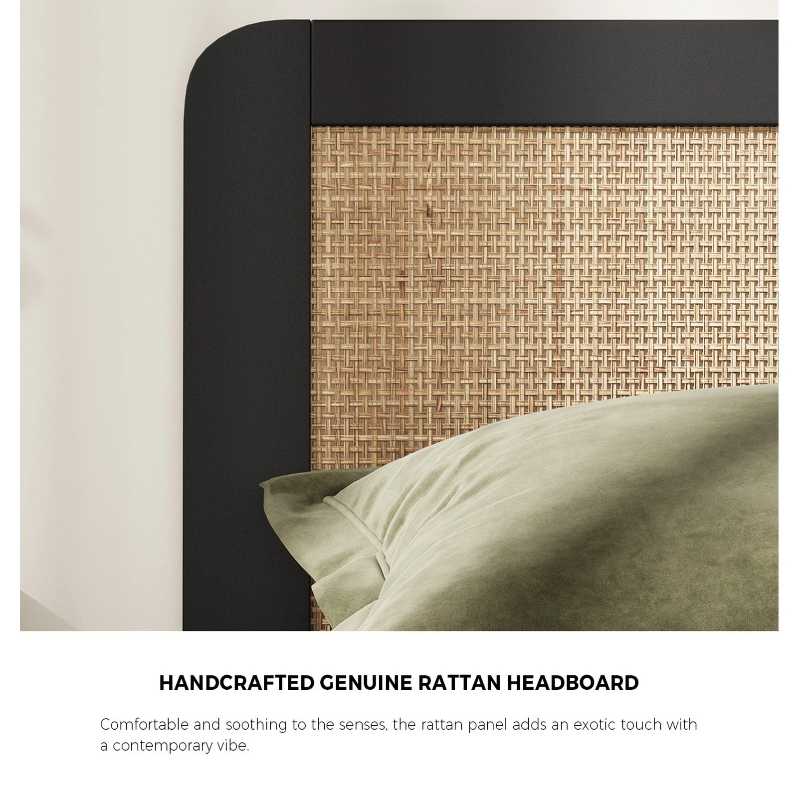 5 Oikiture Bed Frame Single Size Beds Real Rattan Headboard - Black, 5 of 10