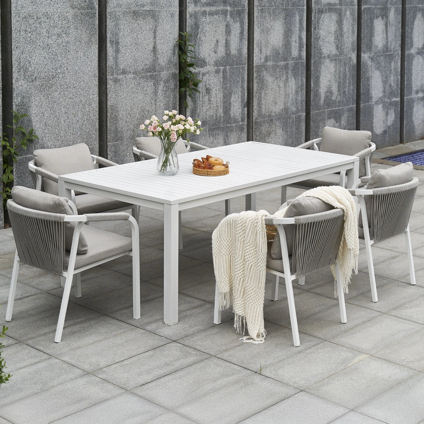 2 Moda Living La Perouse 7-Piece White Aluminium Outdoor Dining Set - Light Beige Cushion - White, 2 of 10