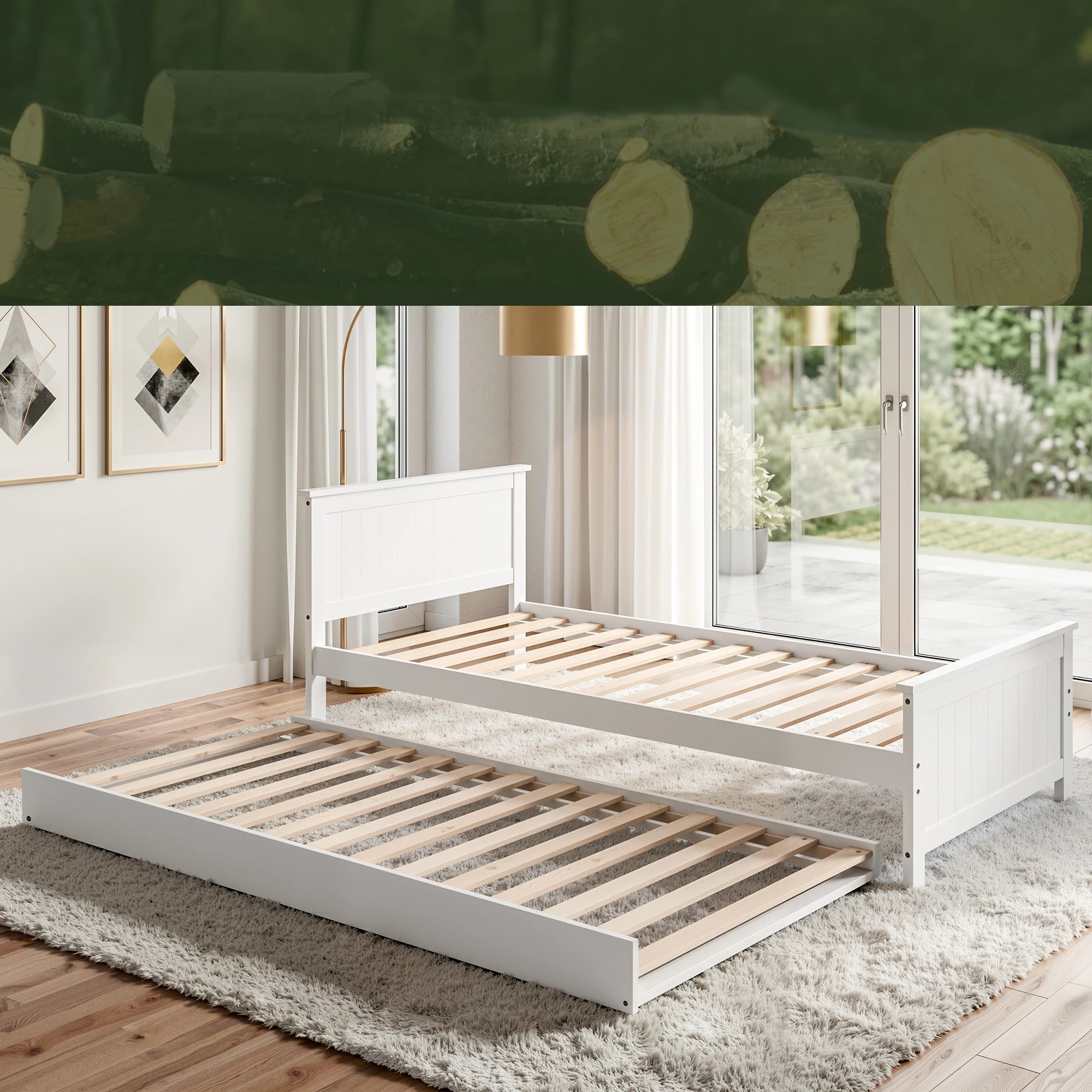 5 Artiss Single Bed Frame with Trundle Wood Toddler Bunk Bed with Headboard - White, 5 of 9